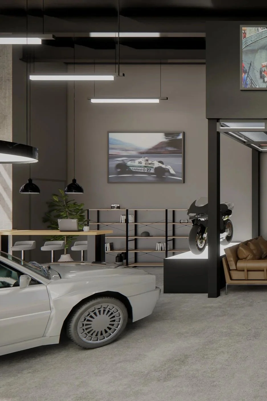 Modern car showroom with a white sports car, a motorcycle on a black platform, a beige sofa, a wooden table with bar stools, a flat-screen TV showing a race car, and other decorated furnishings.