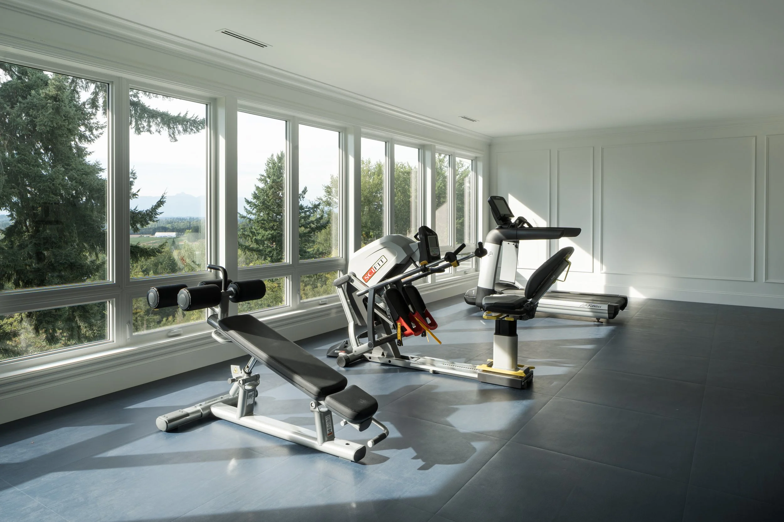 Interior design of a A home gym with a weight bench, exercise bike, and treadmill in front of large windows with a view of trees and mountains.