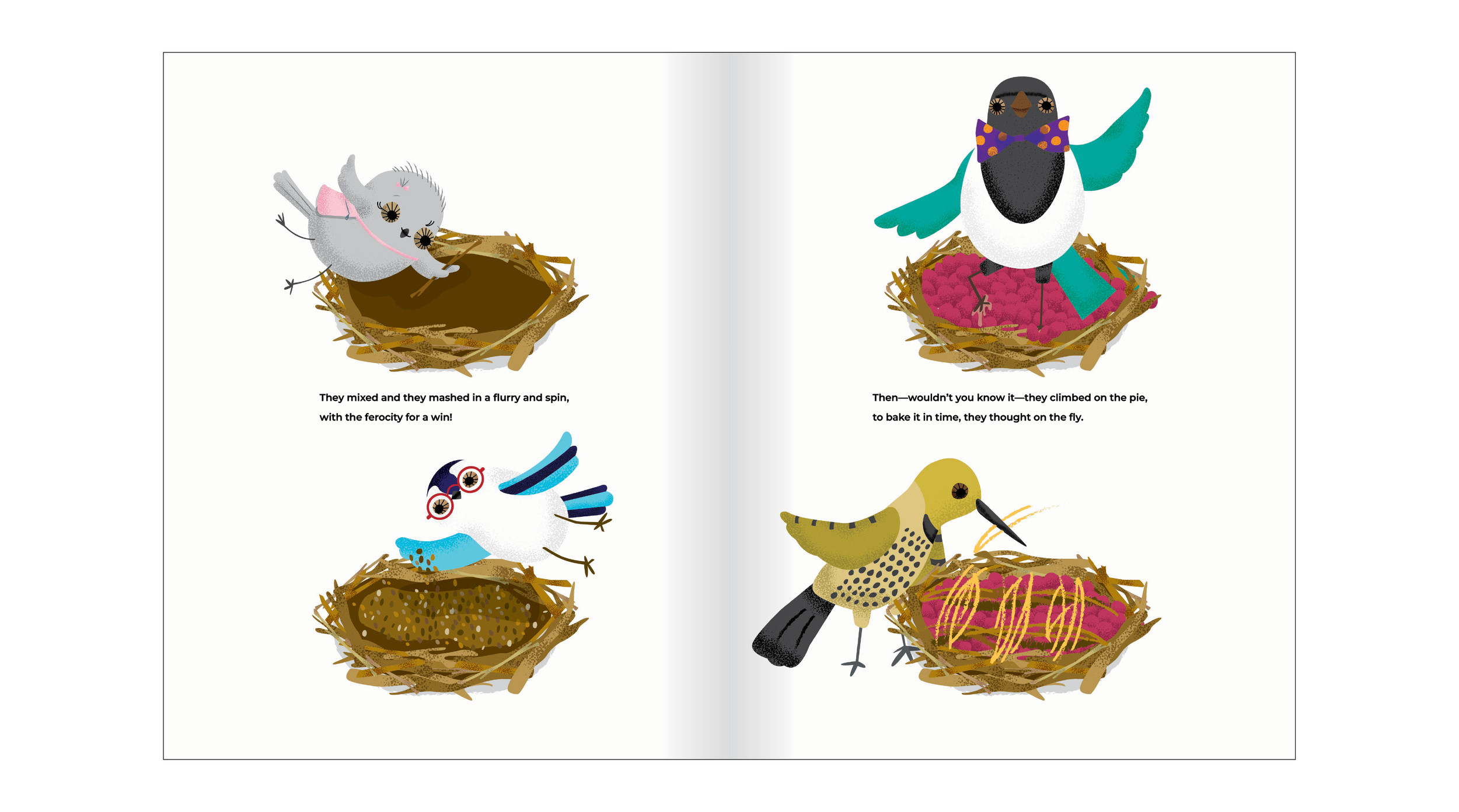 Inside spread-birds making pie