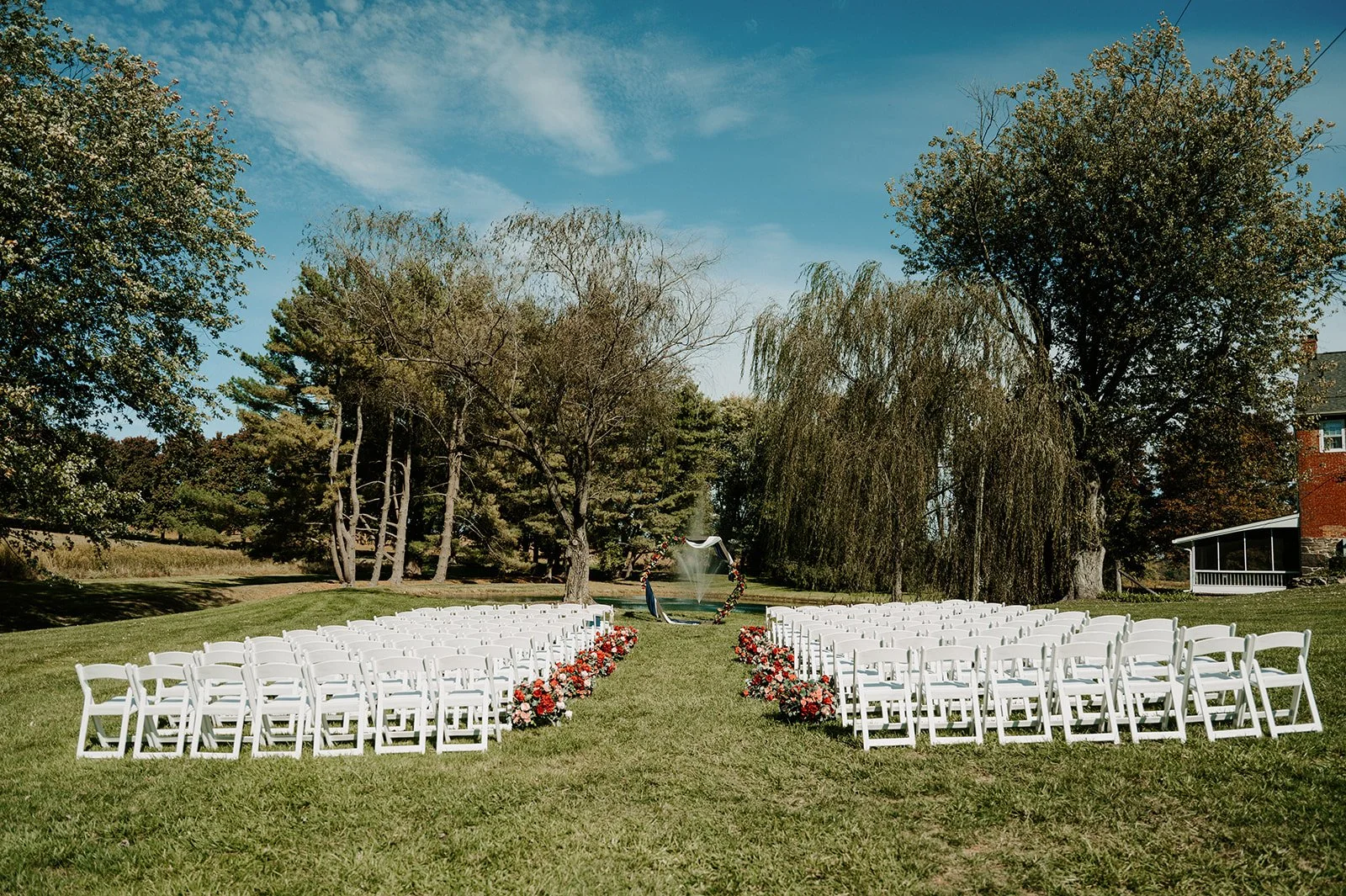 Outdoor pond wedding ceremony in Westminster, Maryland