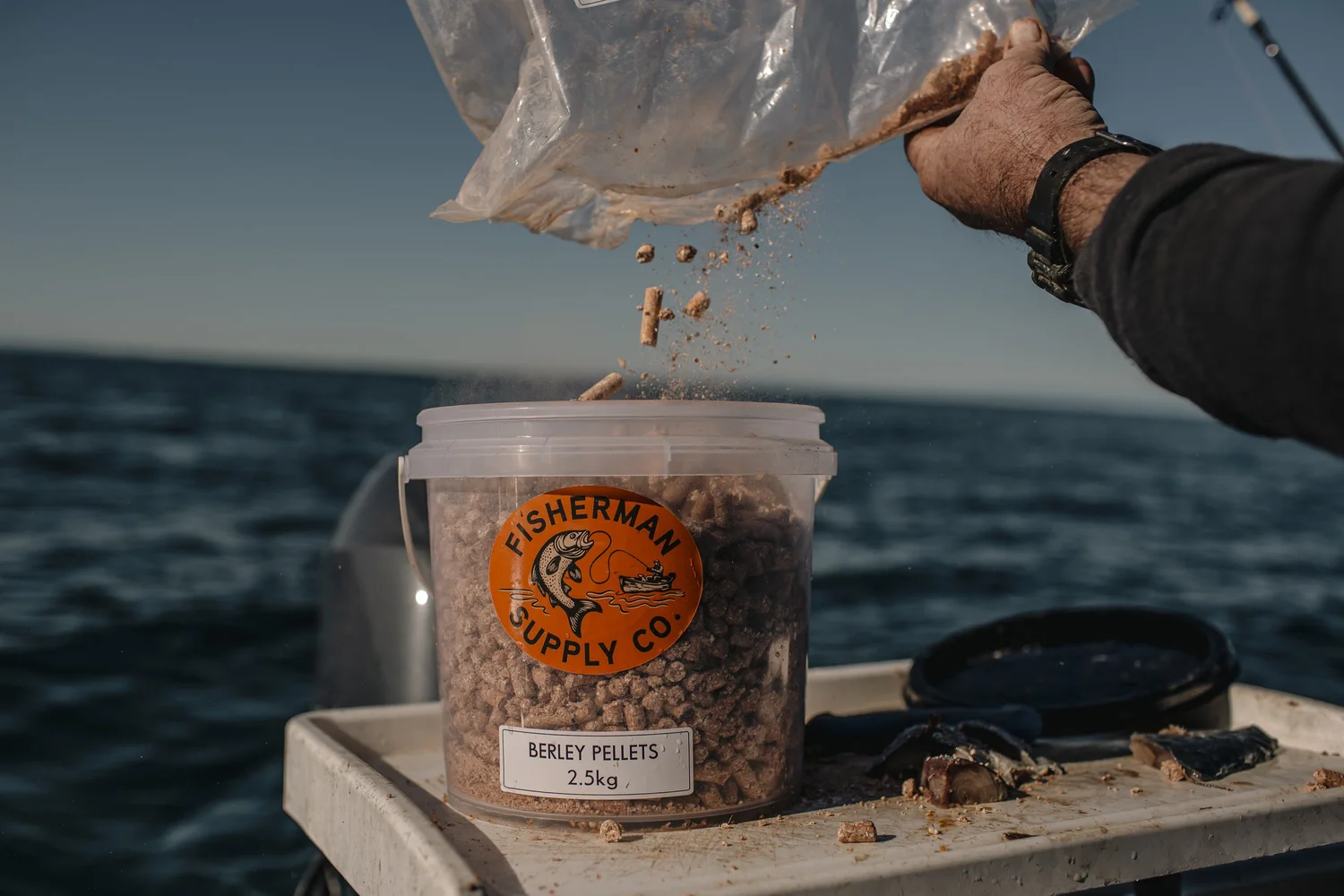 Fisherman Supply Co. berley pellets being used at sea