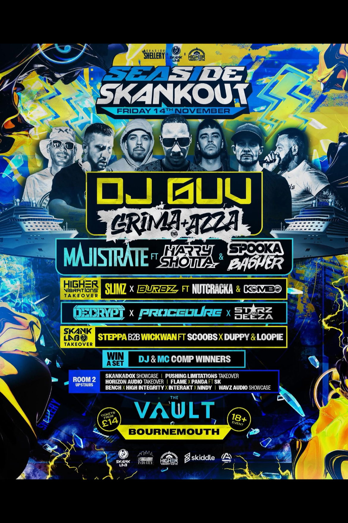 Music festival poster for 'Sea Side Skankout' on November 14th in Bournemouth featuring DJ Guv, Grima, Azza, MaUstrate, Harry Shotta, Spooka Banger, Slimz, Burbz, Nutcracka, Kombo, Decrypt, Procecture, Starz Deez, Steppa, Wickwan, Scoobs, Duppy, Loop