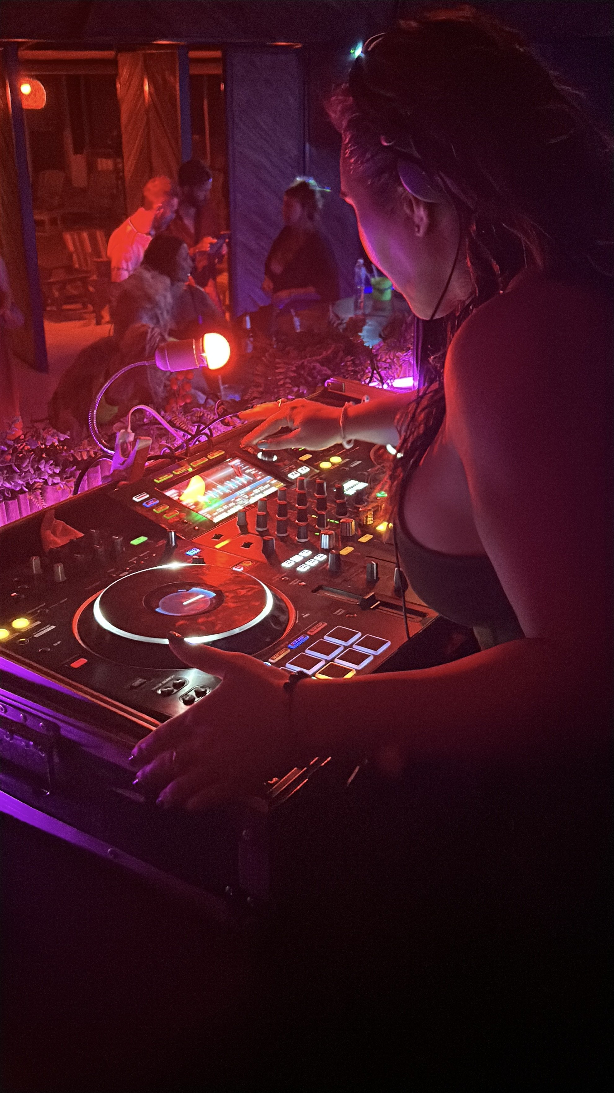 A female DJ performing at a nightclub, surrounded by colorful lights and a crowd of people dancing and socializing.
