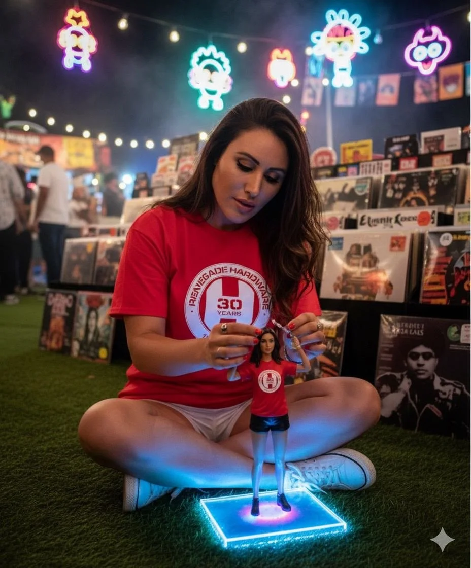 A young woman sitting cross-legged on the ground at a record fair, holding a small figurine of herself, which is illuminated and stands on a glowing platform. She is wearing a red t-shirt and shorts, with vinyl record albums displayed on shelves behi