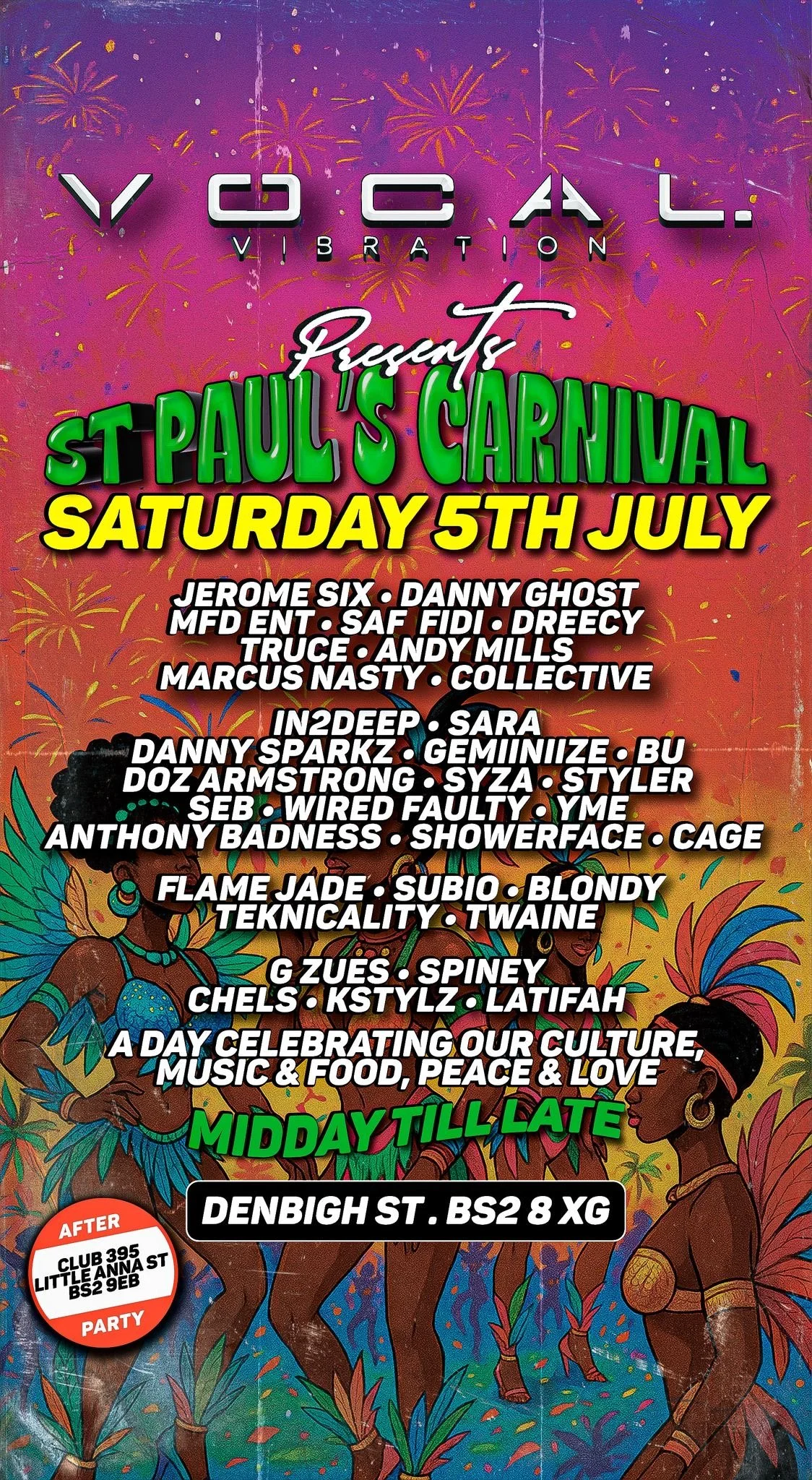 A colorful carnival poster featuring festival information, performers, food, music, and cultural celebration details for an event in Yorkal, Saturday, July 5th, with listed artists and DJs, location at Denbigh Street, and a party at Club 395, Little 