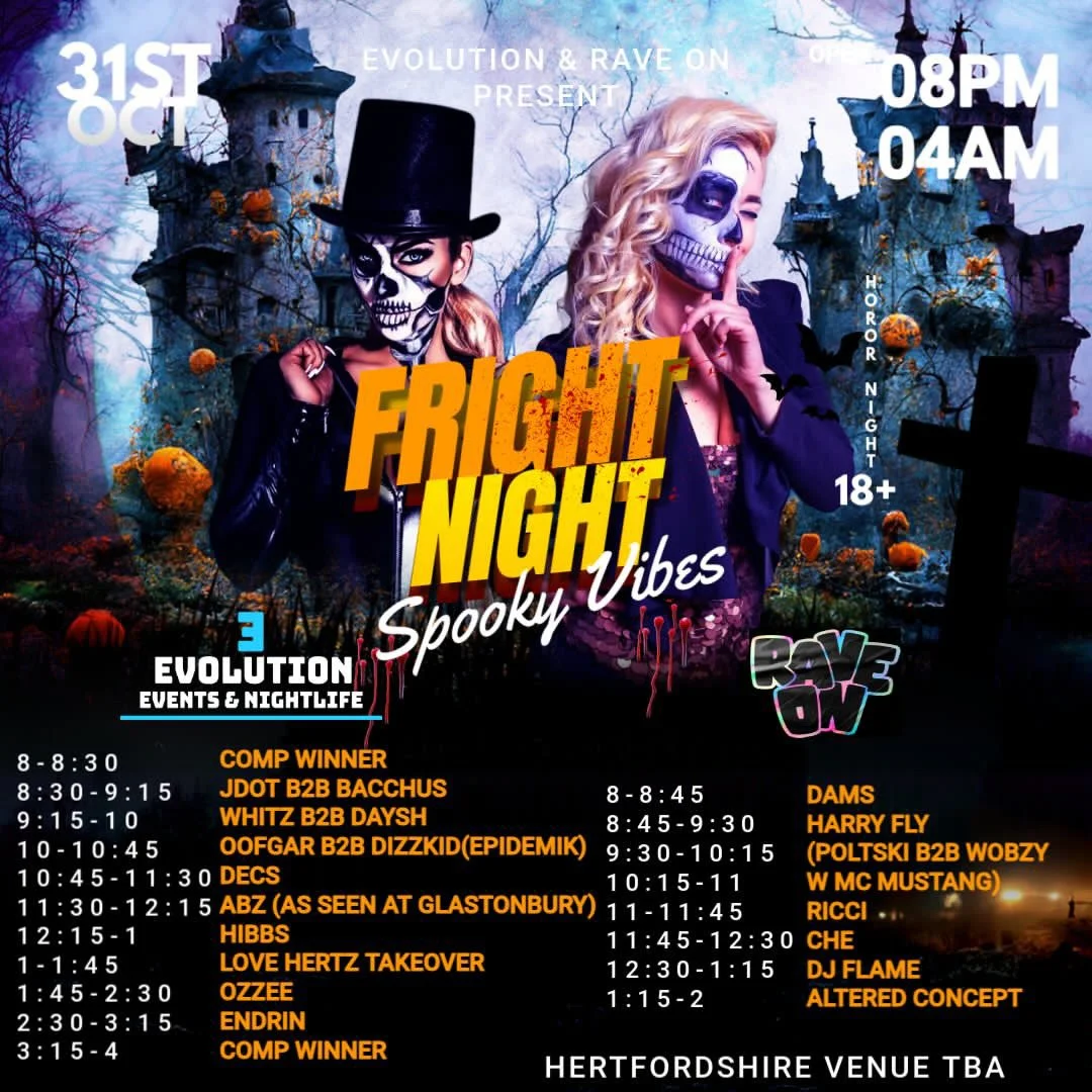 Halloween-themed poster advertising a spooky rave event called 'Fright Night' with skeleton face paint, haunted house background, bats, pumpkins, and a graveyard scene, scheduled for October 31st from 8 PM to 4 AM at Hertfordshire Venue.