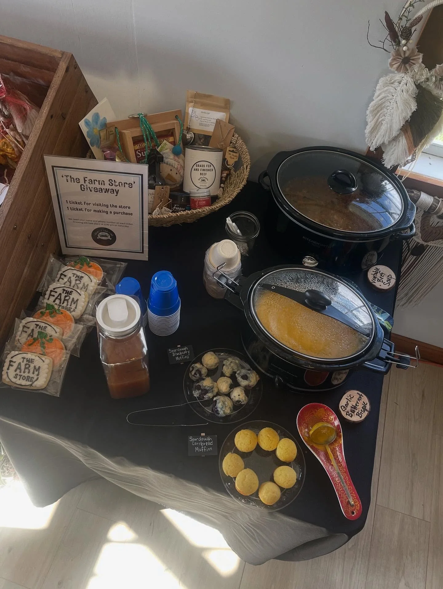 Our complimentary THANK YOU table is full for our customers to enjoy.  We have soups, cookies, sourdough muffins, and apple cider available.

The vegetable beef soup is made with our grass fed and finished canned beef and all vegetables and herbs gro