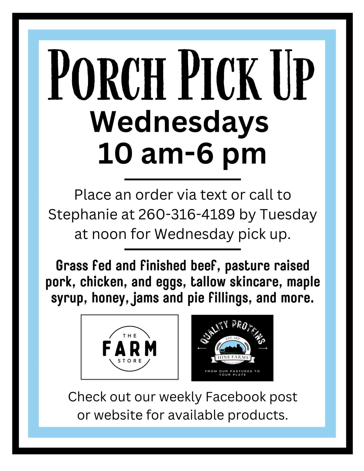 PORCH PICKUP IS BACK&hellip;our Wednesday porch pick ups will start next week 12/3!

Our grass fed and finished beef, pasture raised pork and chicken have been restocked.  We will also have our maple syrup, jams and pie fillings, tallow skincare, wil