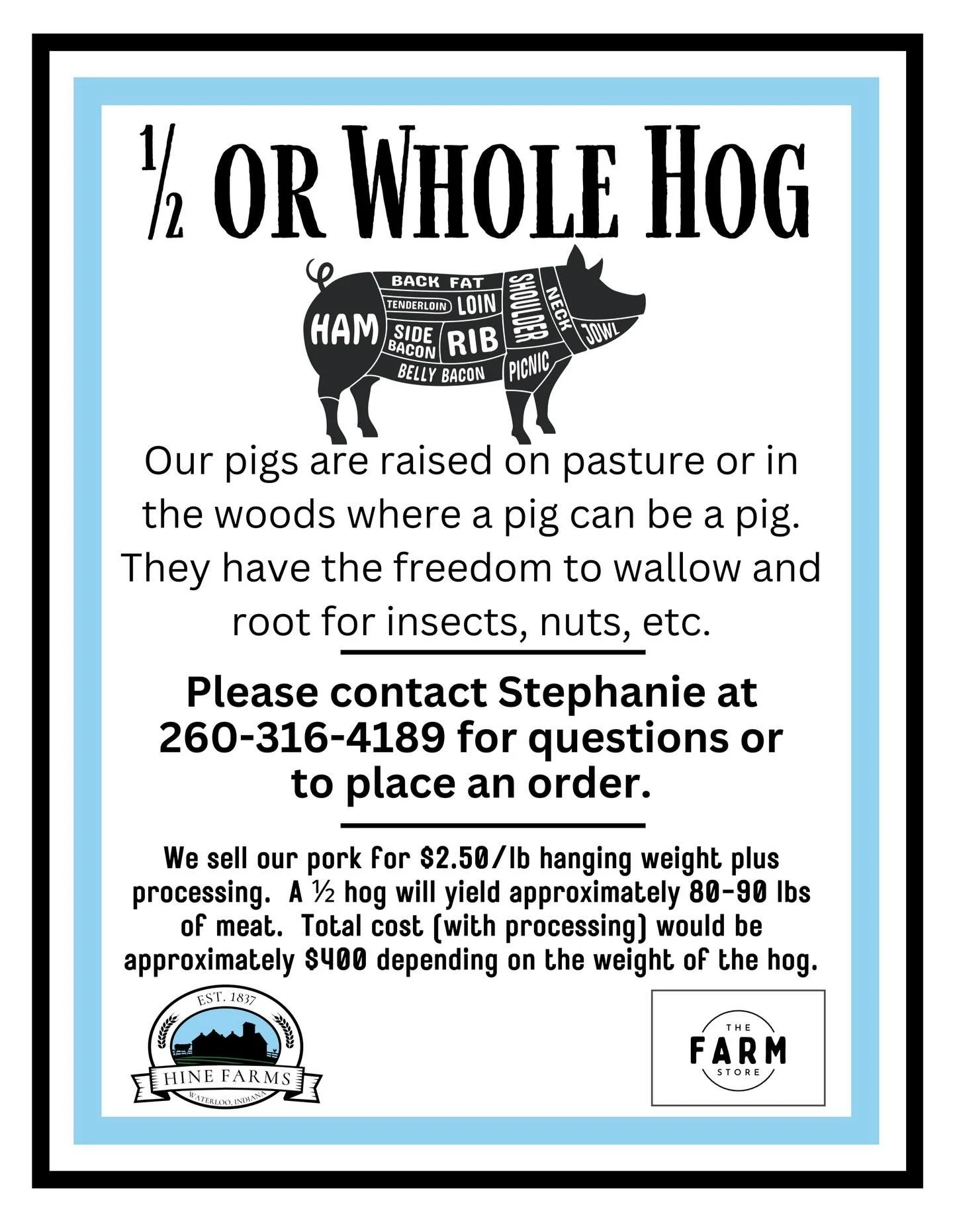 Our pasture raised hog harvest begins next week through February.  If you&rsquo;re looking for local nutritious pork raised with care in an environment where a pig can be a pig, feel free to reach out.  Details in the graphic, but don&rsquo;t hesitat