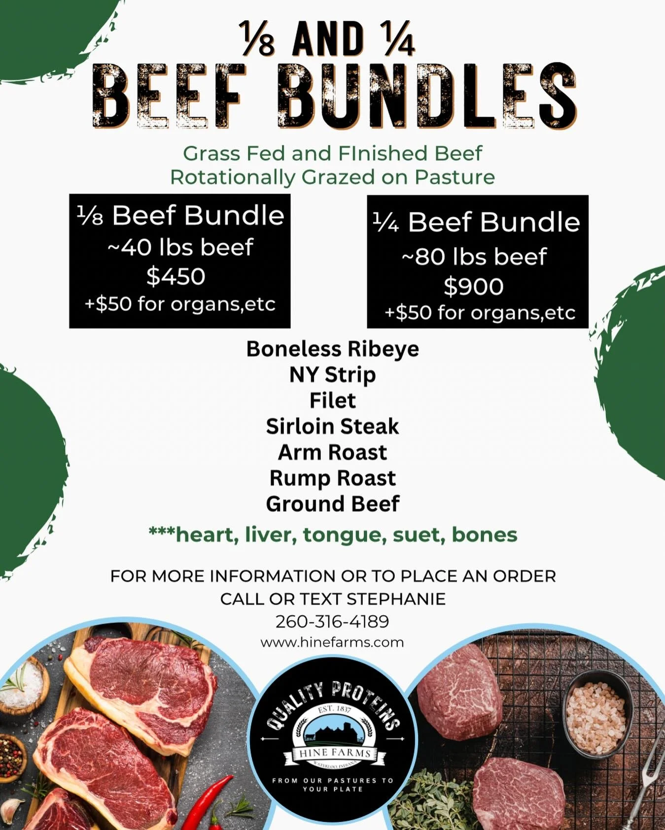 Grass Fed and Finished Beef available in ⅛ and &frac14; beef bundles!  You can even add on our organ bundle and make your own bone broth and beef tallow.

If you&rsquo;re looking to fill up your freezer with delicious beef from our farm or have any q