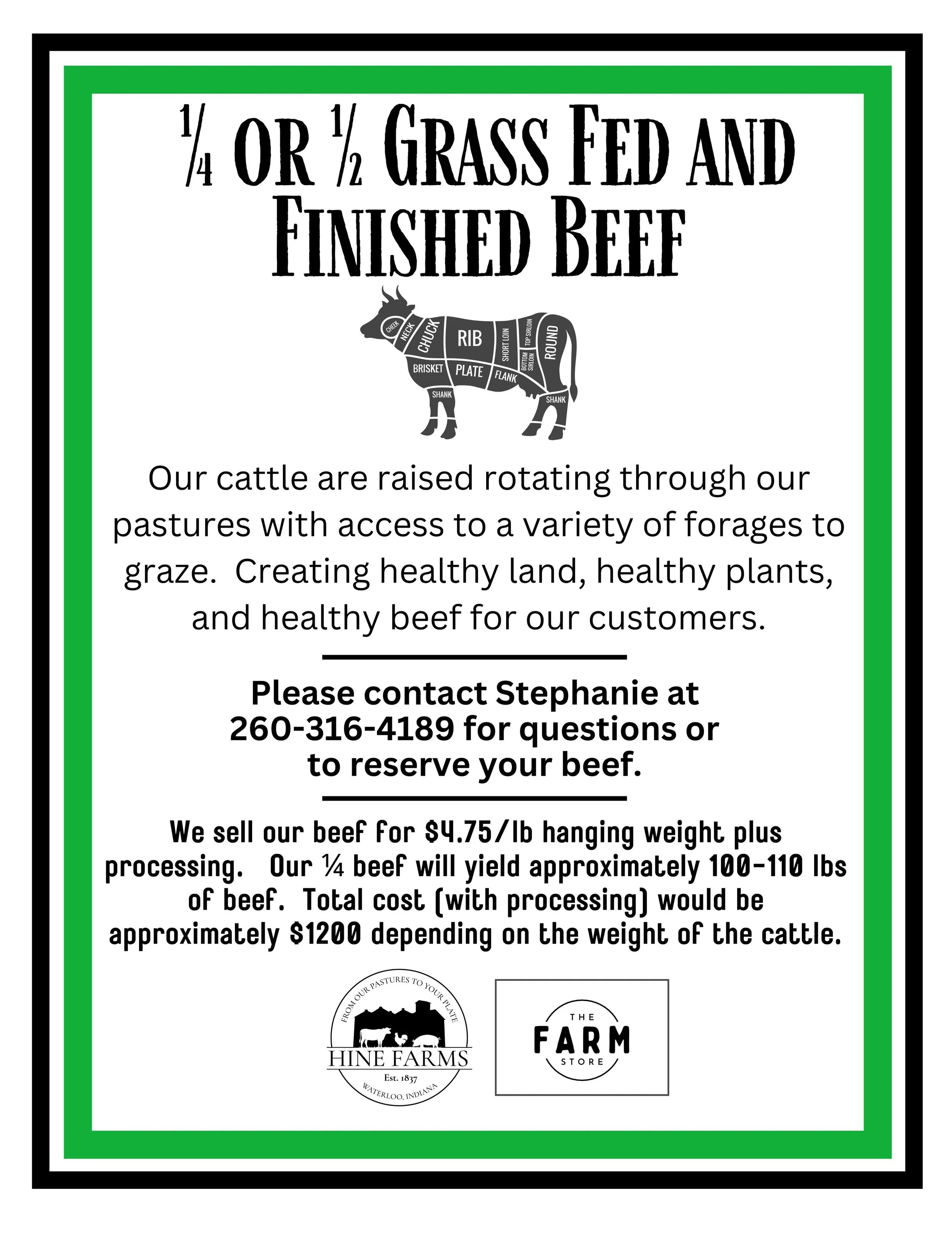 Currently reserving &frac14;, &frac12;, and whole beef for our June harvest dates.  Let us know if you&rsquo;re looking to fill your freezer with delicious grass fed and finished beef&hellip;we can help!

Feel free to reach out if you have any questi