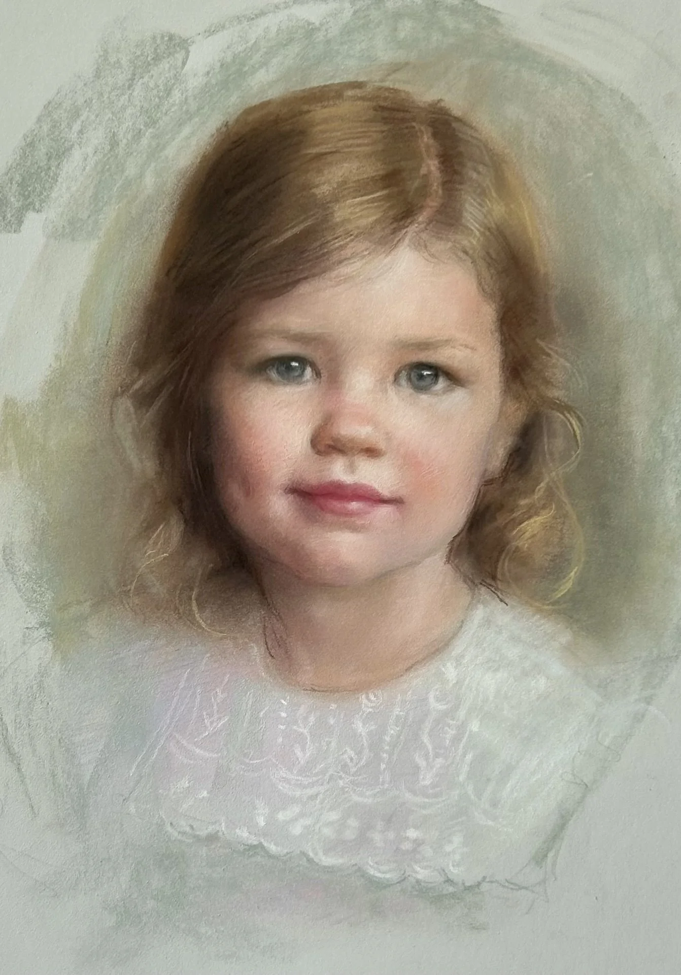 Children's pastel portrait of a girl with light brown hair, blue eyes, and a gentle smile, set against a soft, pastel-colored background.
