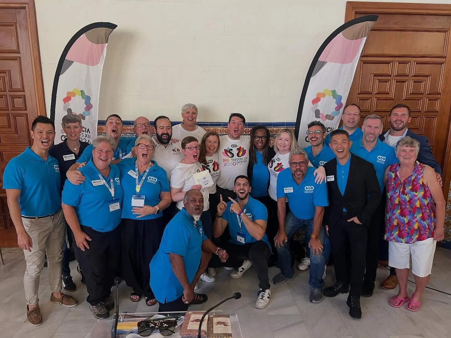 Team Perth celebrating their incredible success at bidding for the Gay Games XIII 2030 with the FGG Operational Management Team.