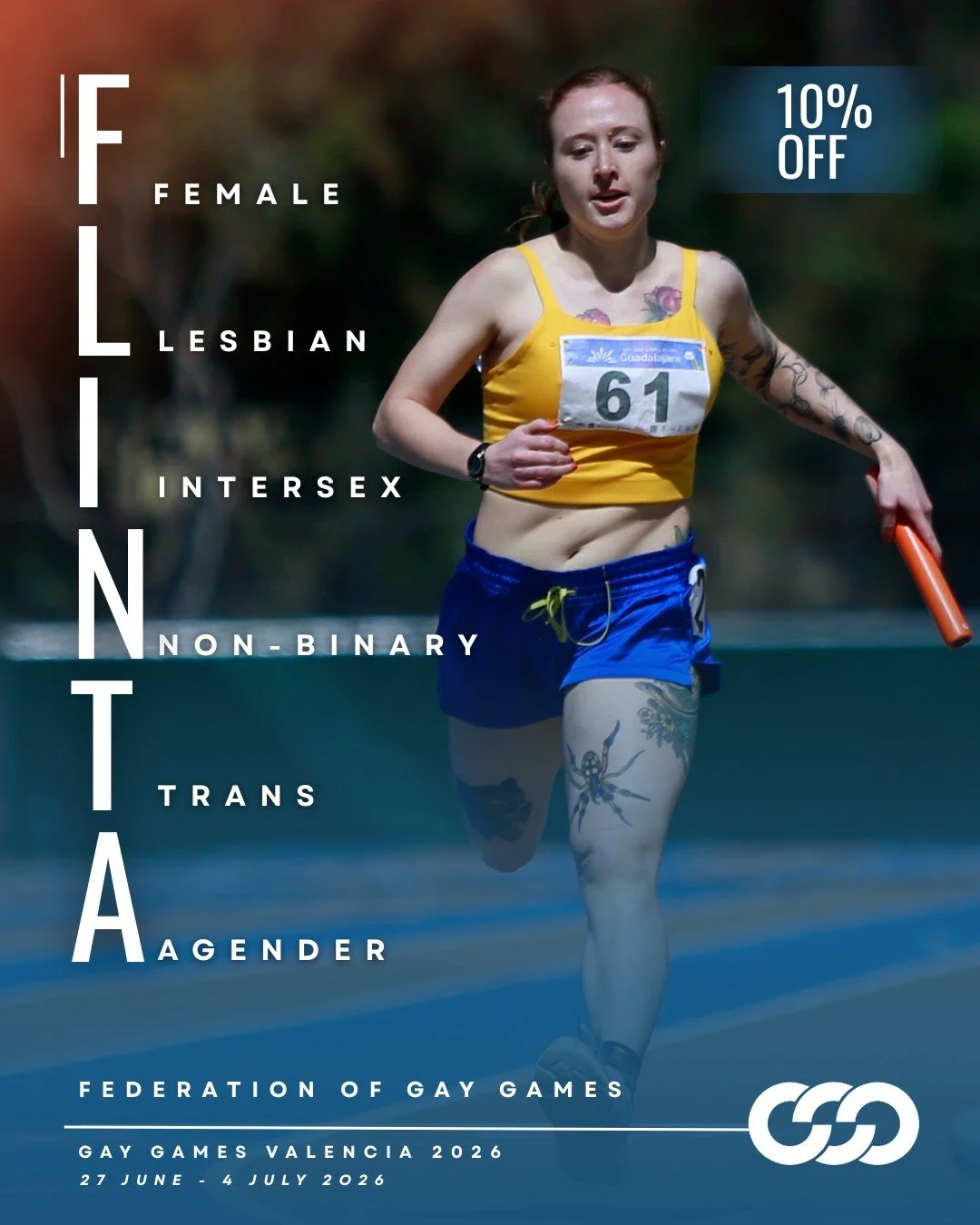 FLINTA to the front 🏃&zwj;♀️🔥
You get 10% off your registration. The discount applies automatically.
Join Gay Games Val&egrave;ncia 2026 from 27 June to 4 July 🗓️
Pick your sport and secure your spot while places stay open.
FLINTA includes:
Female