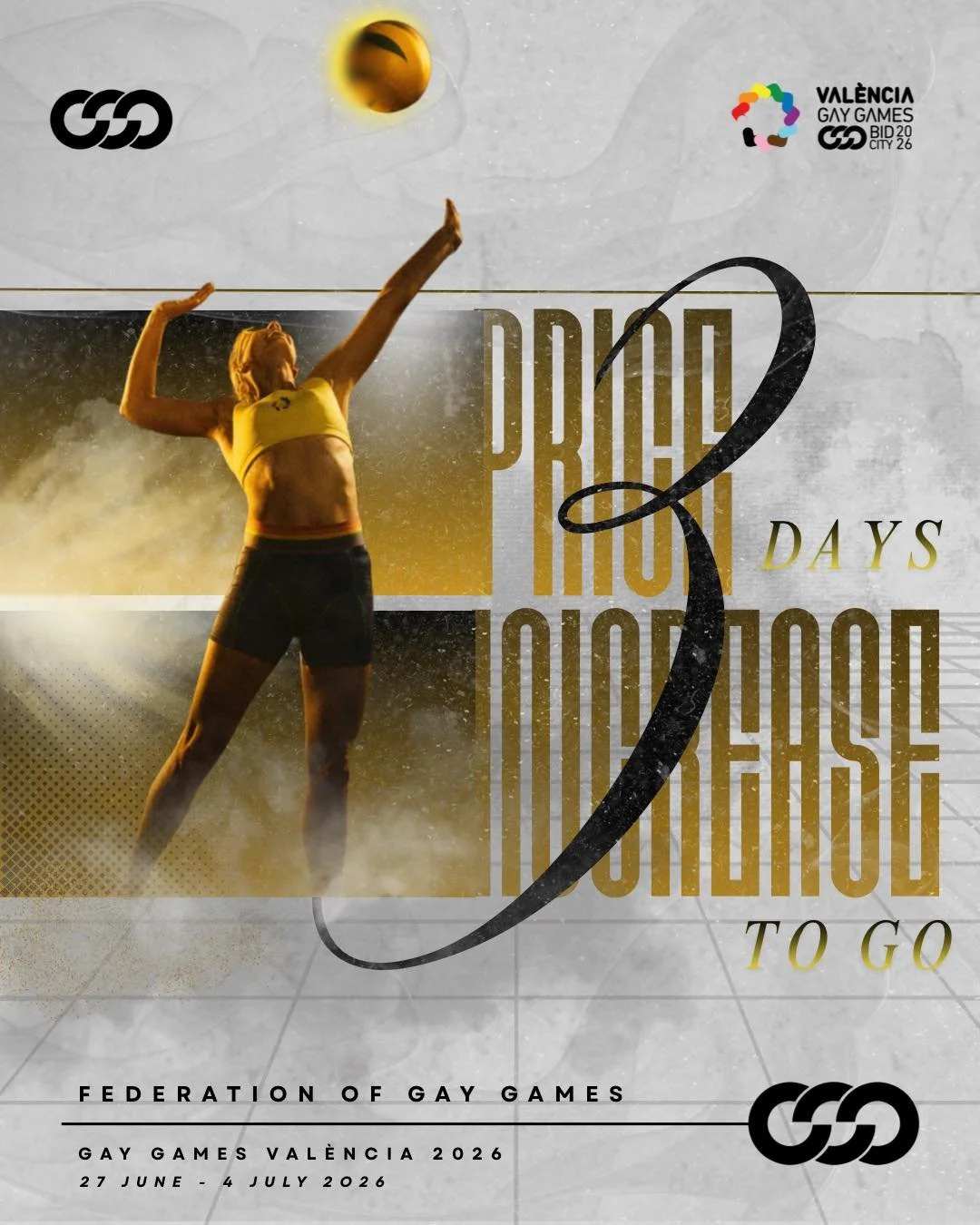 3 days left. ⏰
Last chance to grab 10% OFF your Gay Games Valencia 2026 general registration.

End of Year promo ends Jan 6 &ndash; after Jan 7, new fee is 215 USD.

Use code valencia2526 at checkout and lock in your spot now.

Don&rsquo;t think too 