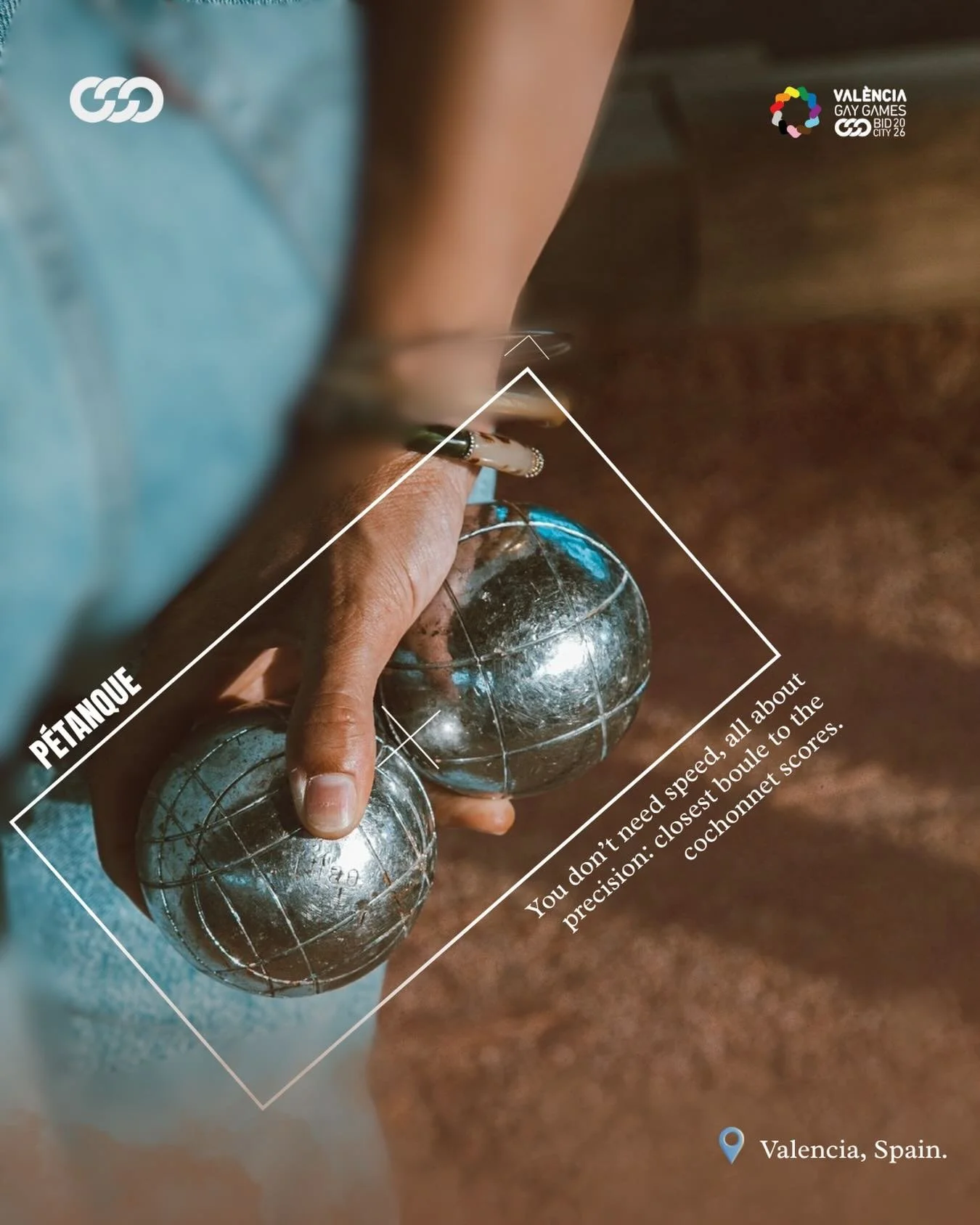 P&eacute;tanque is filling up fast. 🎯🪩
Think your aim is true? Bring it to Gay Games Valencia 2026.
A sport of quiet precision, where each throw draws the line between near and perfect.

Still hands, sharp eyes, and a community that plays with purp