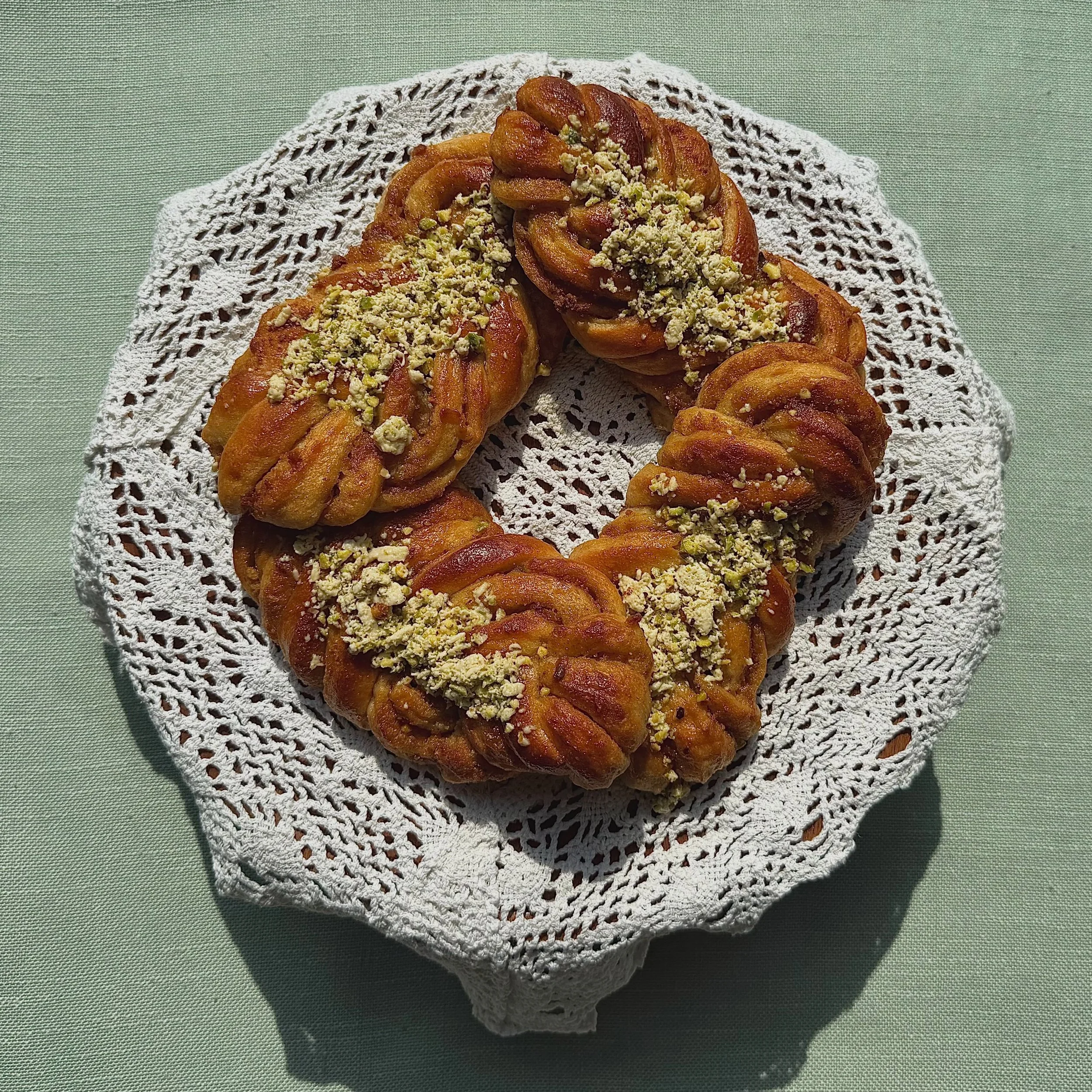 Halawa and pistachio braid! 

Our soft whole grain babka dough, filled with layers of pistachio and roasted barley butter, with halawa (halva) on top. 

Halawa is one of those things, that when I start eating, I would not stop until I empty the whole