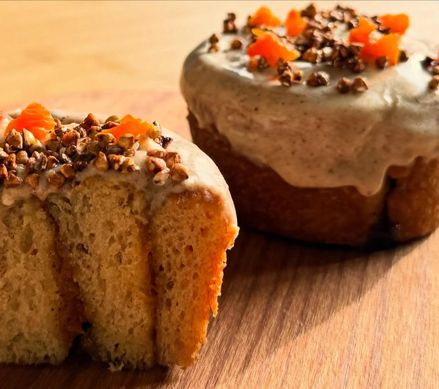 Stone Fruit Cardamom Bun 🍑
Brown butter cardamom bun, featuring the last of our stone fruit jam from last summer (peach and apricot), topped with this sexy toasted milk glaze, and candied buckwheat groats. 
We will only have it for few weeks, until 