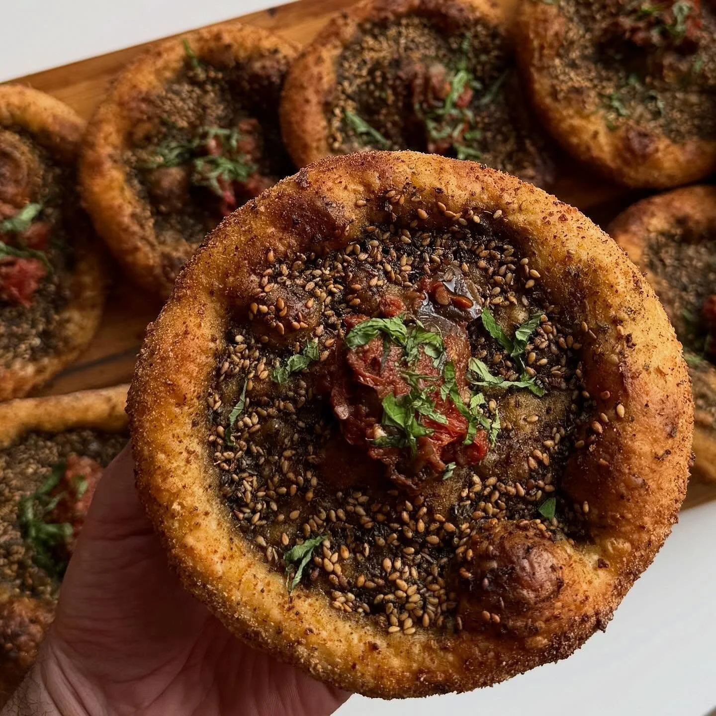 Za&rsquo;atar and Makdous is back!! 
Whenever we make fatayer and manakeesh back home, we serve them accompanied by vegetables and spreads, and one of these sides is Makdous, fermented baby eggplants stuffed with peppers, garlic, and walnuts. 
My fav