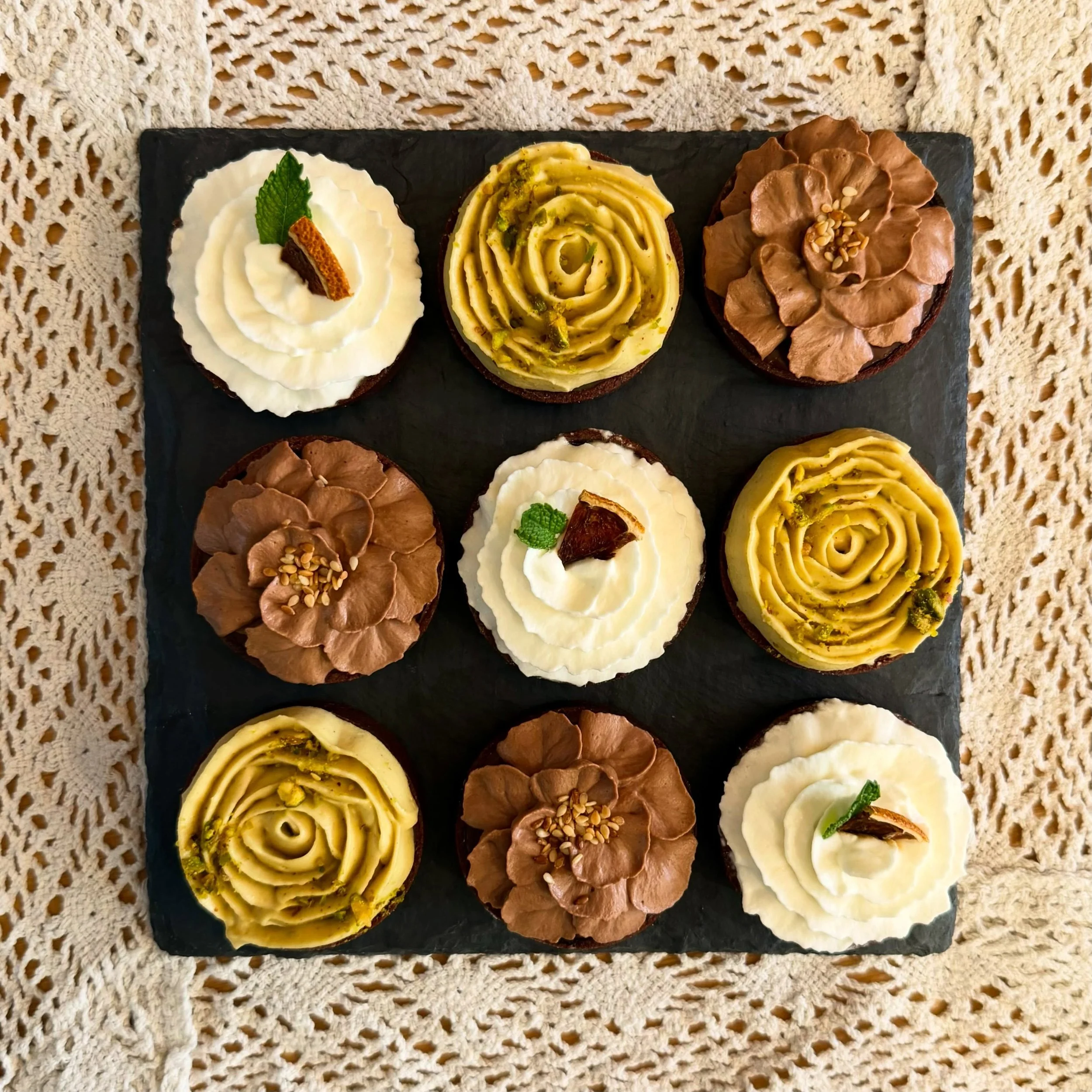 Mini tart selection for a wedding 😍 

Pistachio tart - chocolate tahini tart - citrus mint tart. 
.
.
.
.
.
.
@majdalbakery #sweets #pastries
