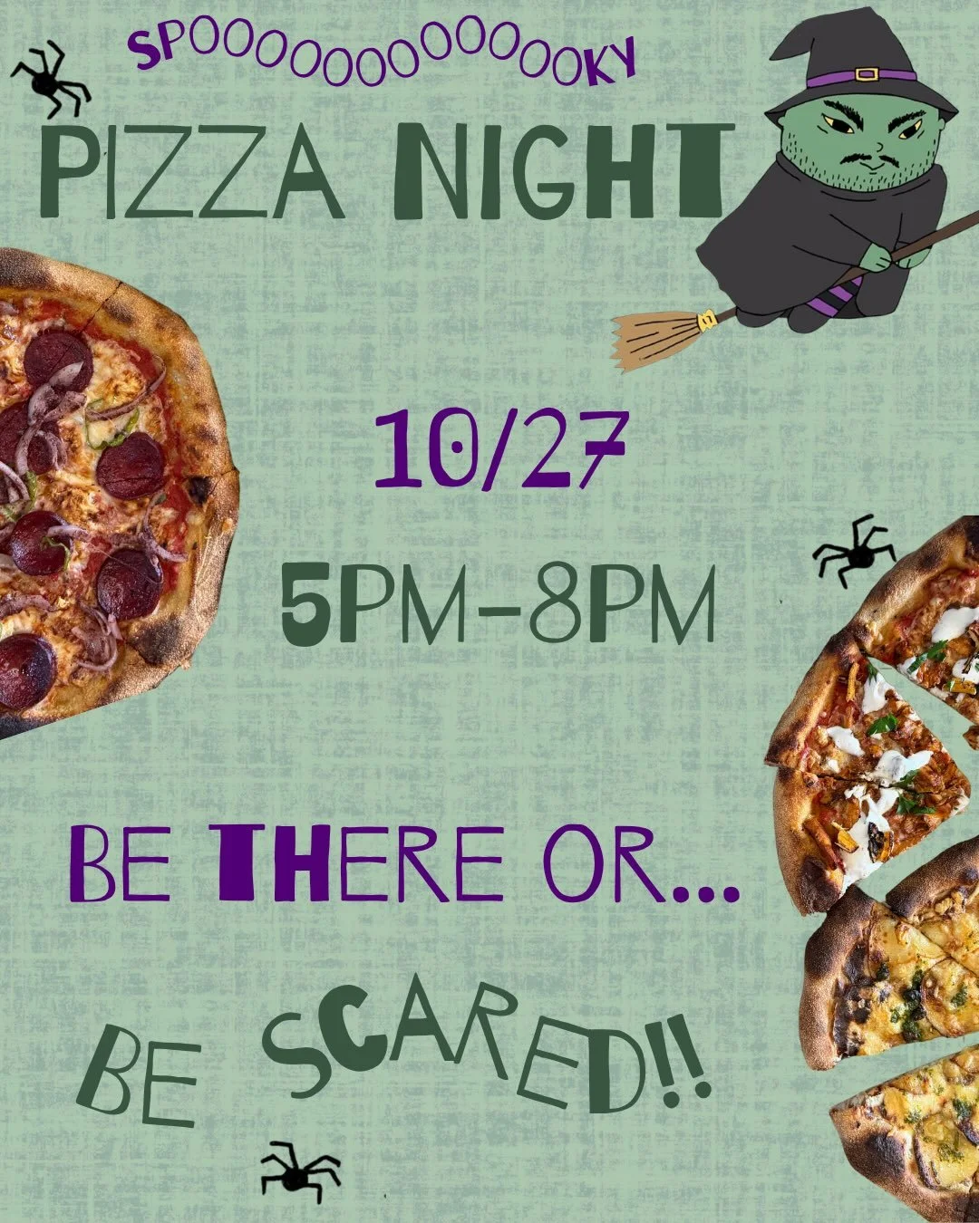 It&rsquo;s baaaaaack!

We&rsquo;re doing a 🔮spooky🔮 pizza night Tuesday, October 27th from 5pm to 8pm! Come hungry and in costume! Soooo many delicious options&mdash;hope to see you there! 👻🧛🧙🍕