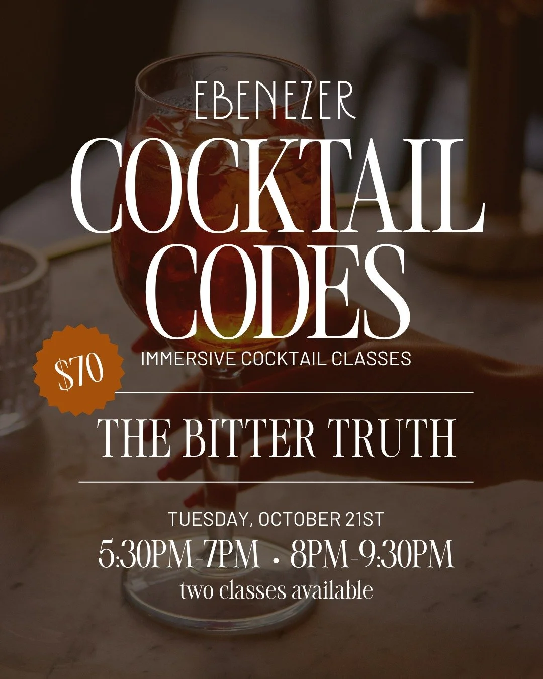 Cocktail Class: The Bitter Truth 🥃

Discover the art of balance, bite, and bold flavors in this hands-on cocktail class hosted by Joe (@josephimillerphoto)

5:30pm &amp; 8:00pm classes available. Spots limited.