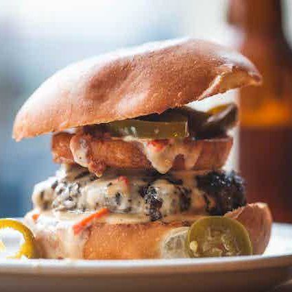 Queso Burger with Jalapeños and Onion ring