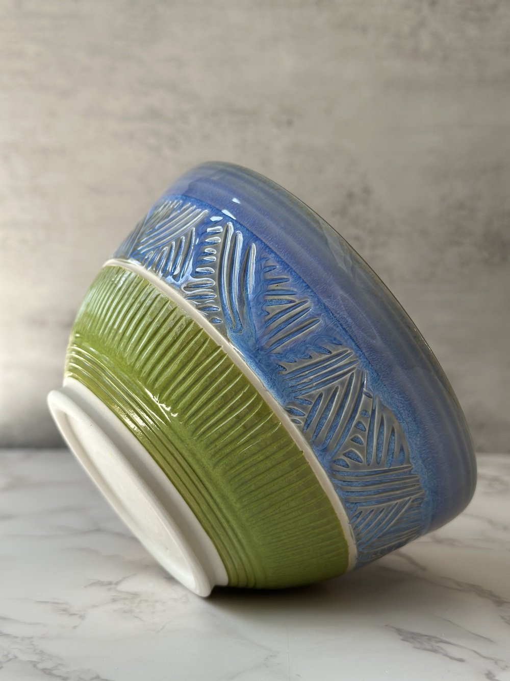 Porcelain Carved Blue and Green Ceramic Bowl