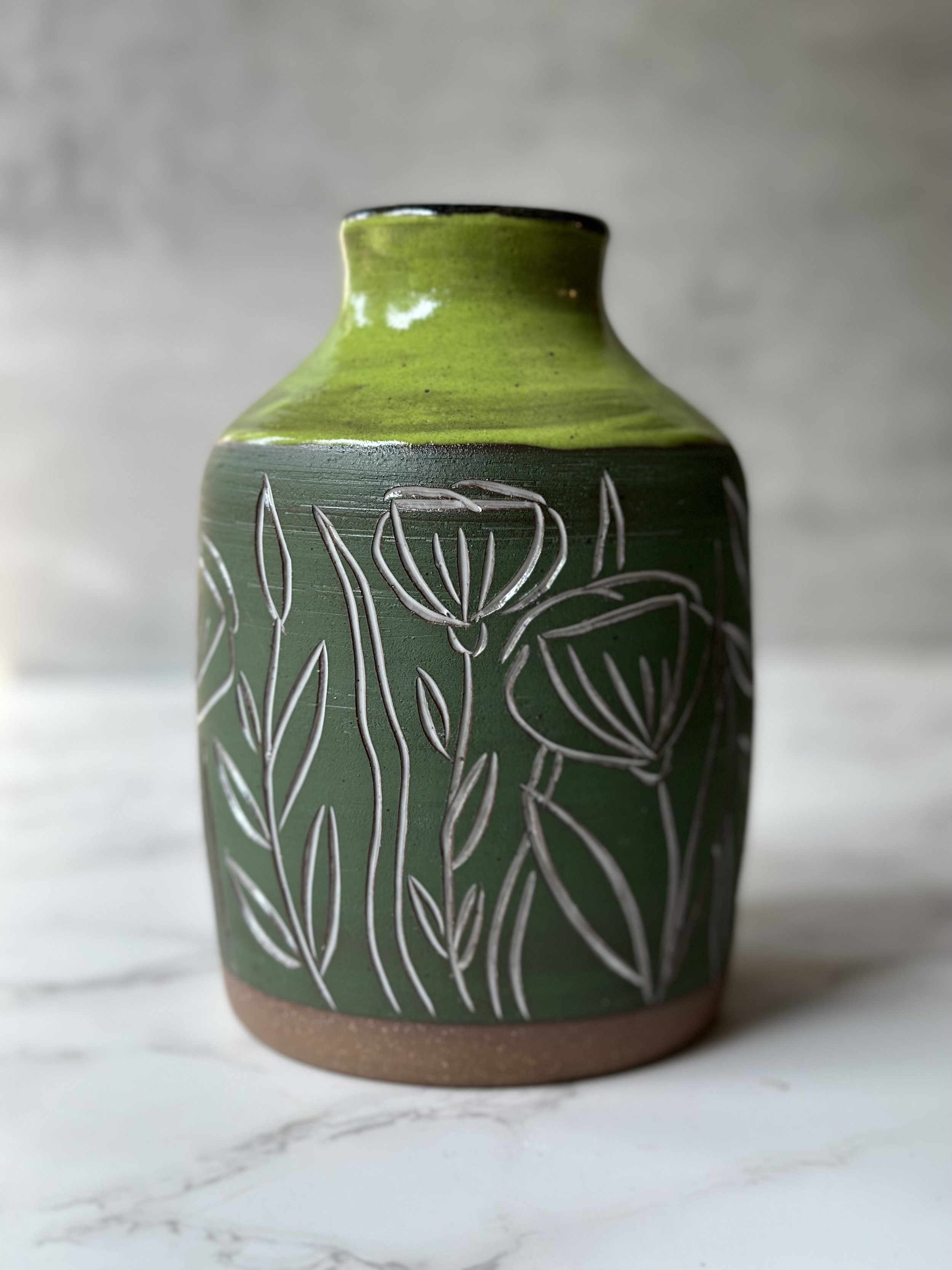 Chartreuse Green Floral Carved Ceramic Vase