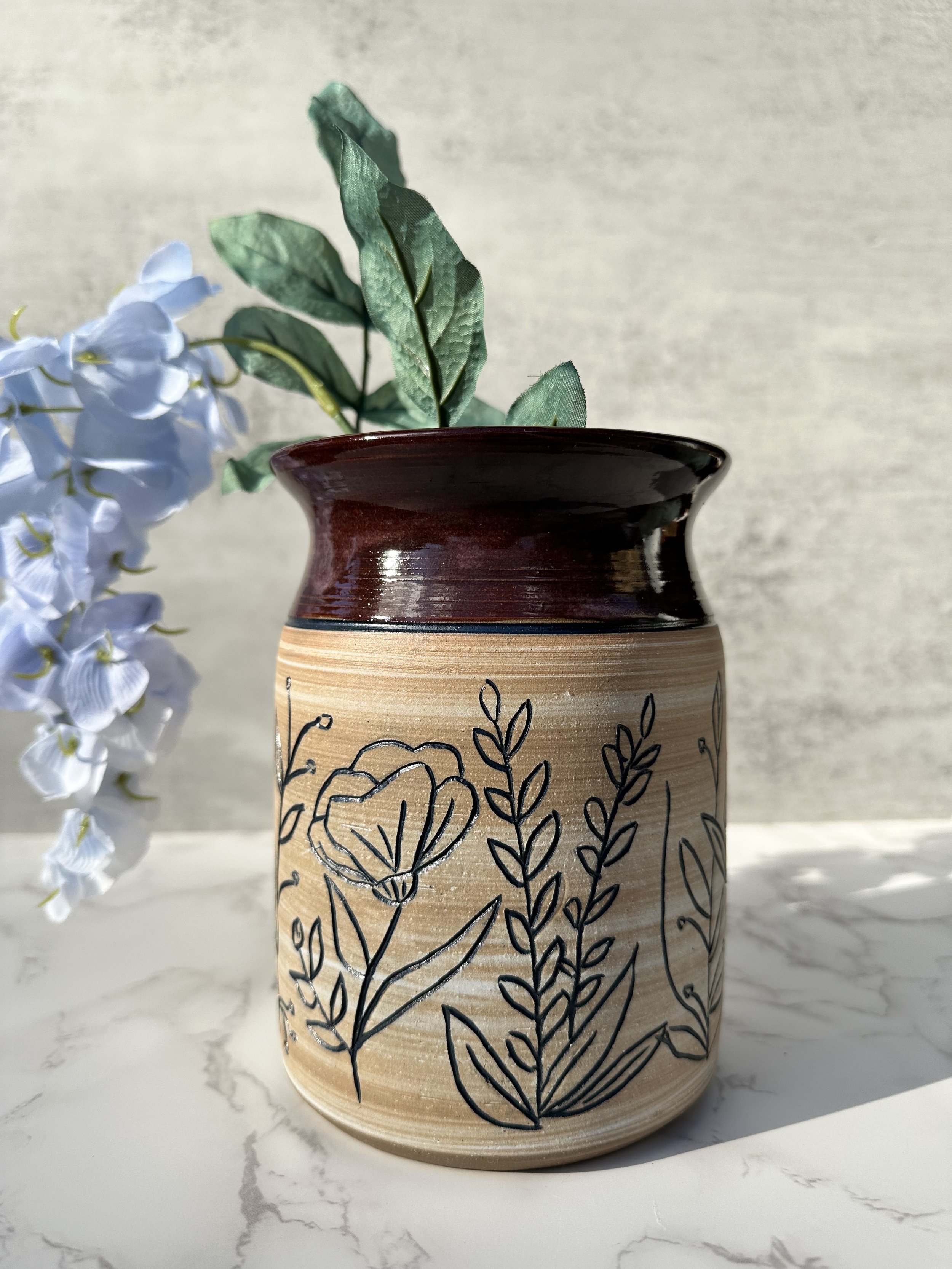 Mishima Carved Floral Ceramic Vase