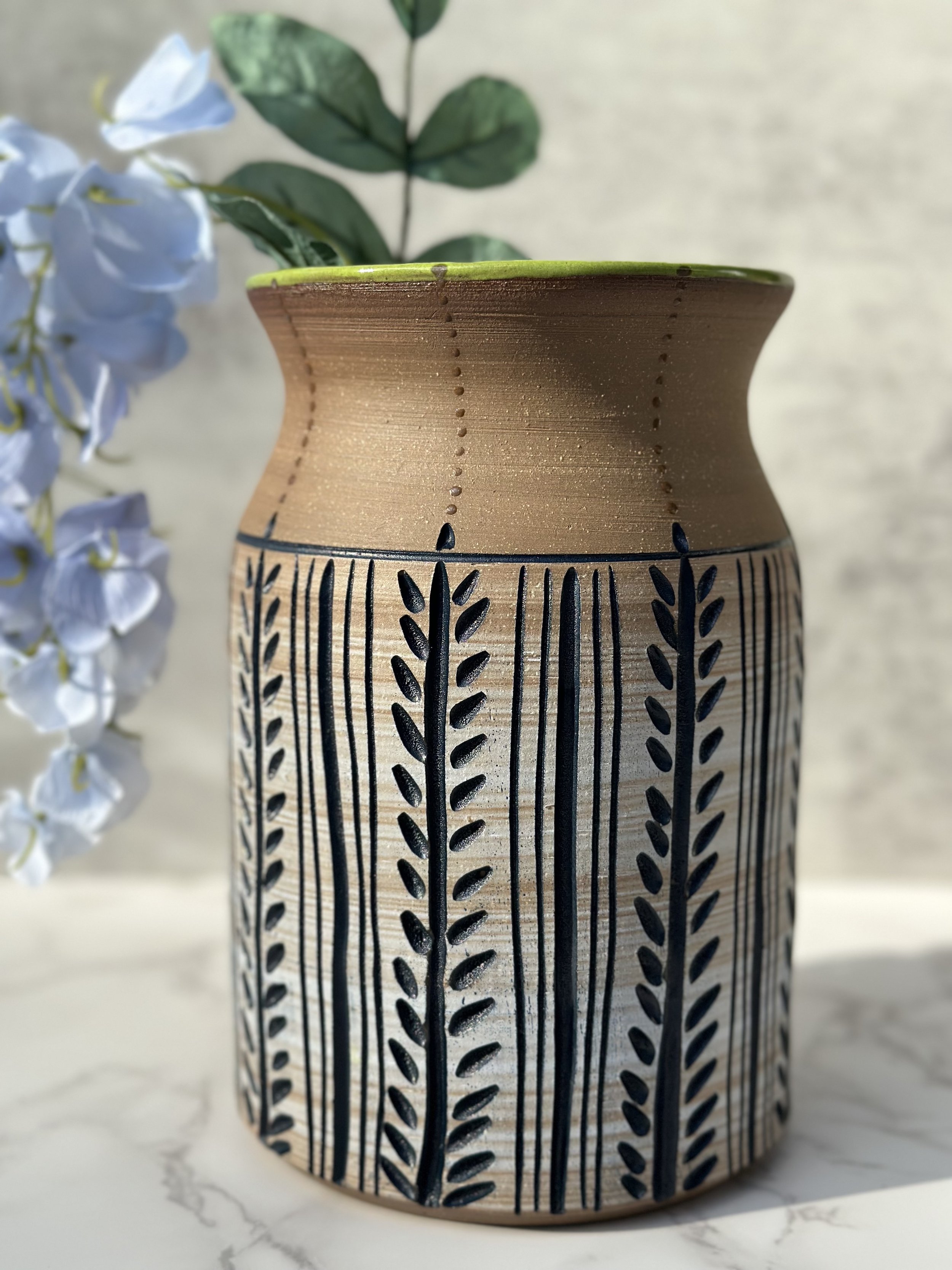 Mishima Carved Fern and Line Ceramic Vase