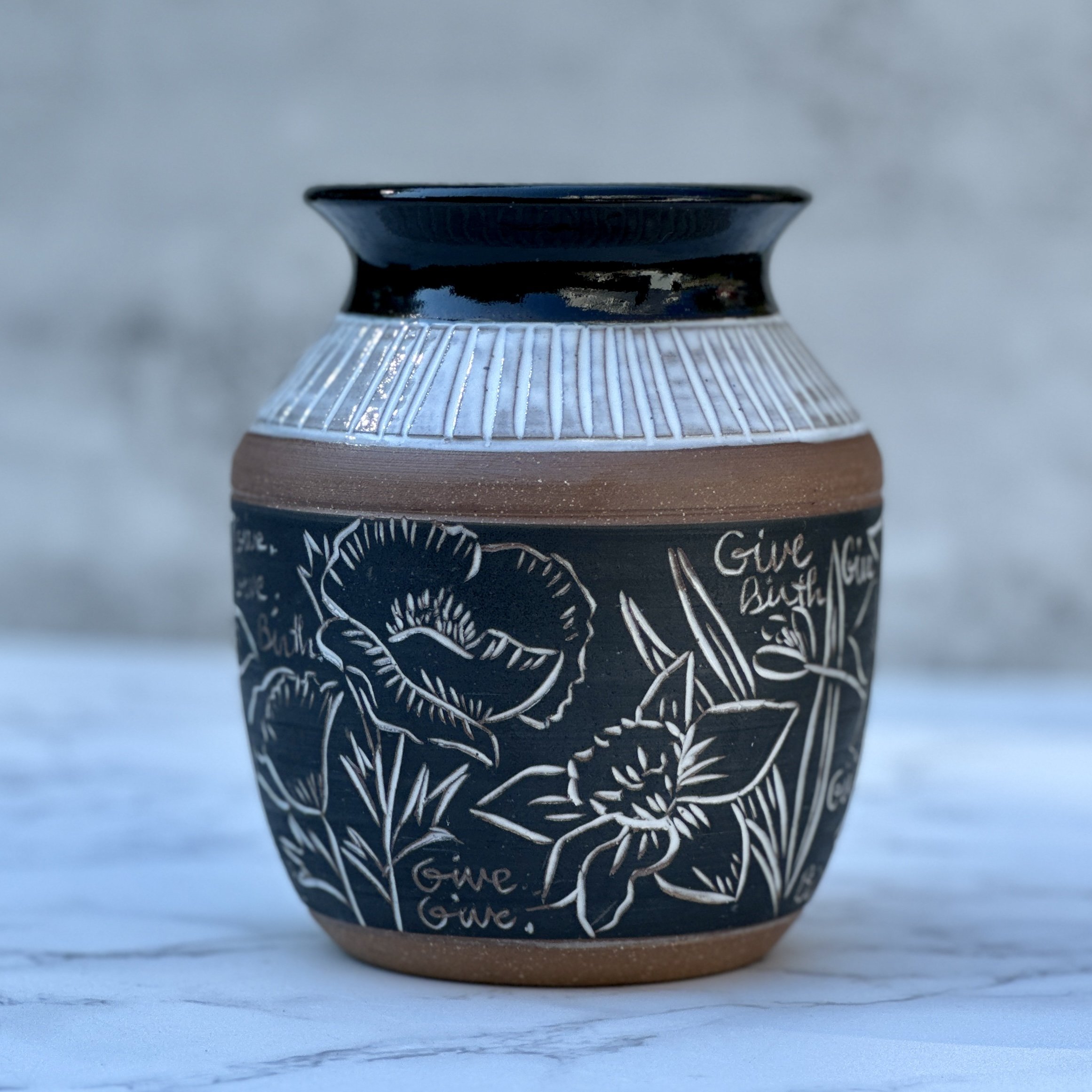 Floral "Give Birth" Carved Ceramic Vase