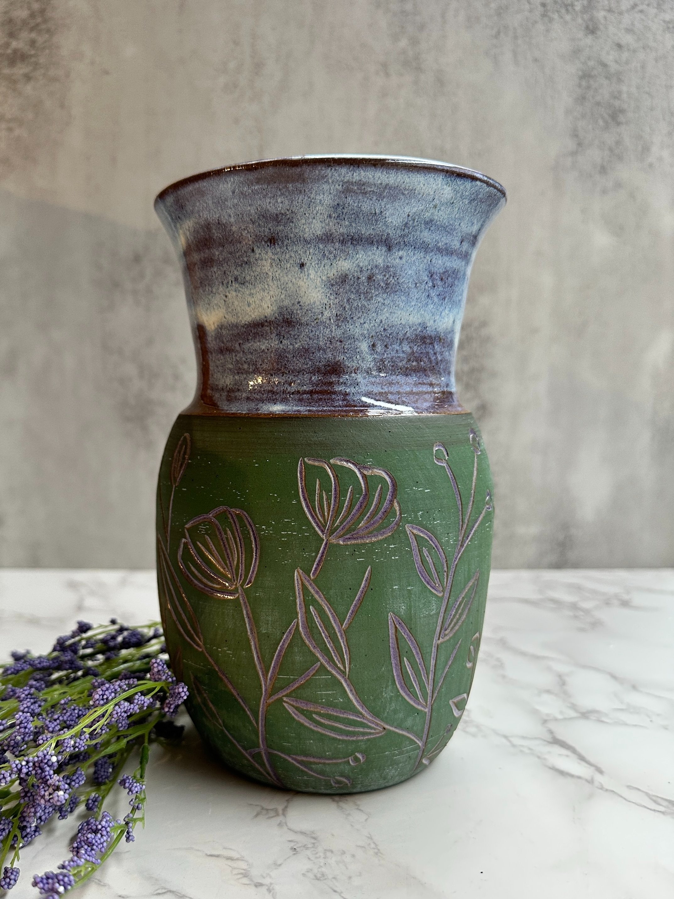 Carved Floral Green and Honey Flux Handmade Ceramic Vase