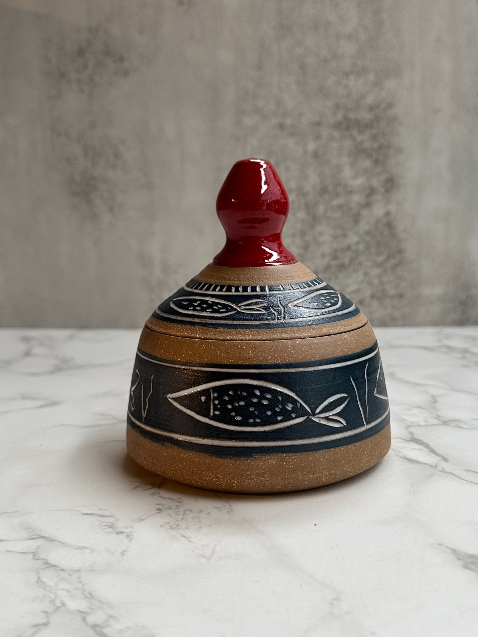Handmade Ceramic Jar with Fish Carving