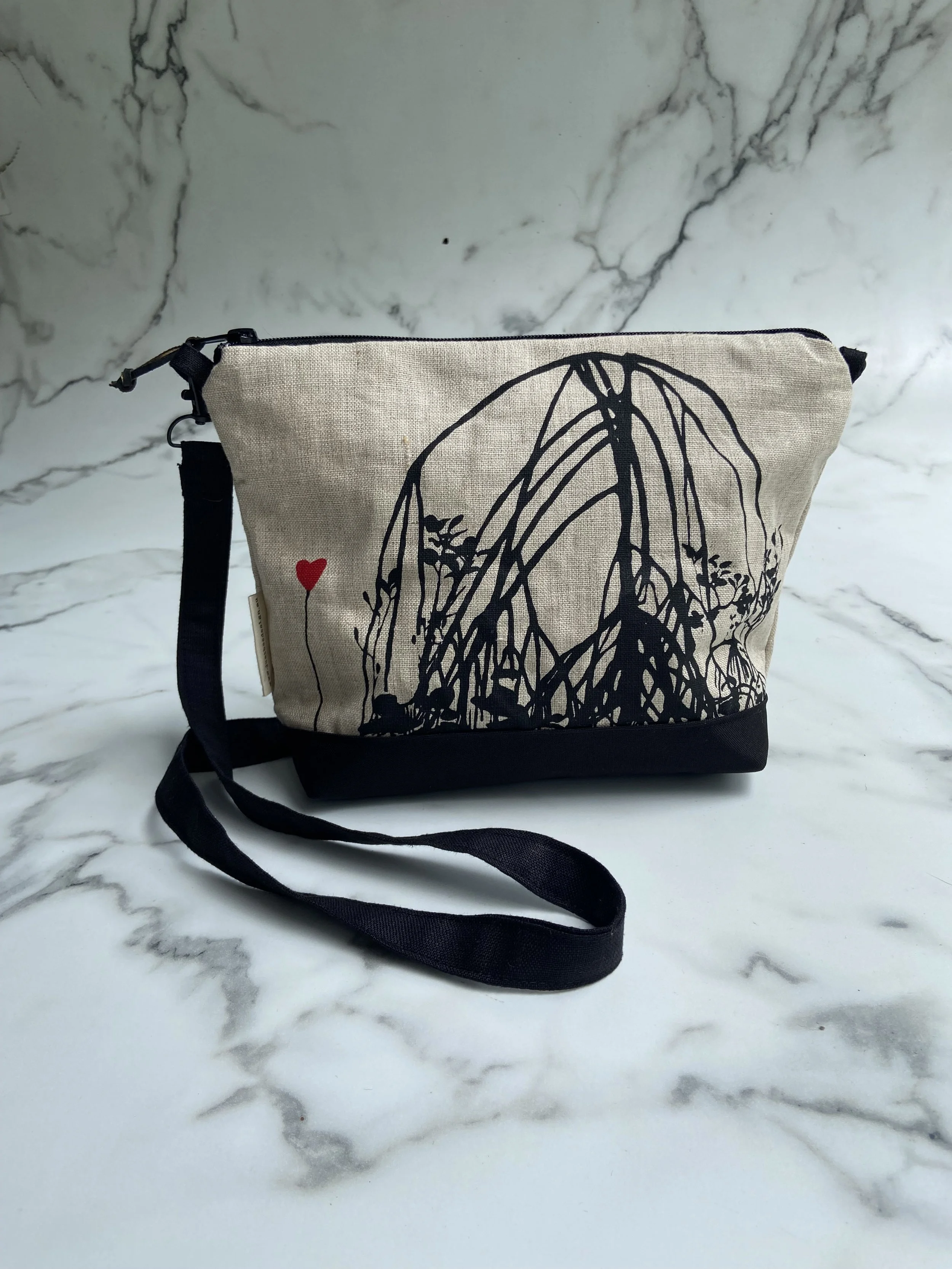 Mini Adventure Bag – Flax Linen – Mangrove Love Design with Red Velvet Lining, Black Base & Strap