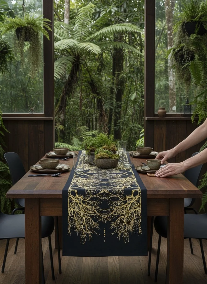Chillagoe Tree Black Linen Gold Tablerunner