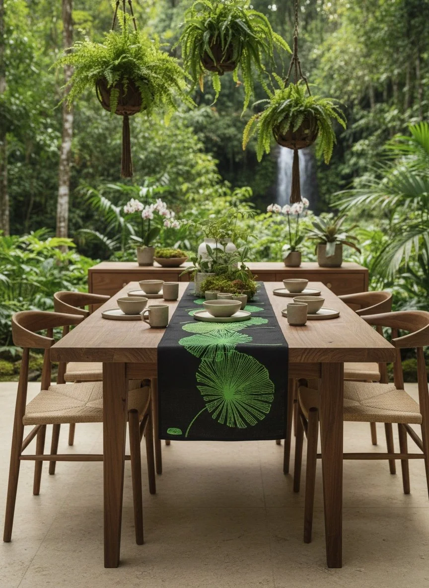 Daintree Fan Palm Black Linen Tablerunner
