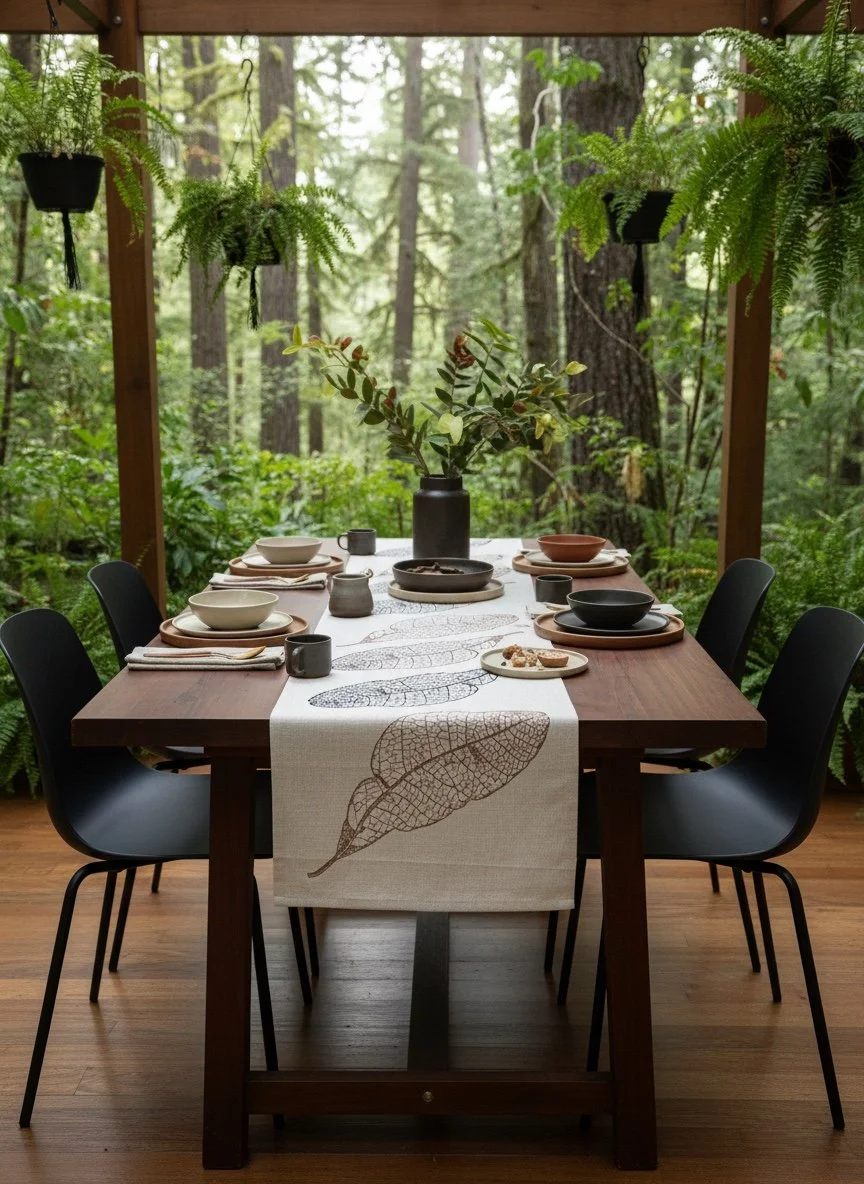 Rainforest Leaf Flax Linen Tablerunner