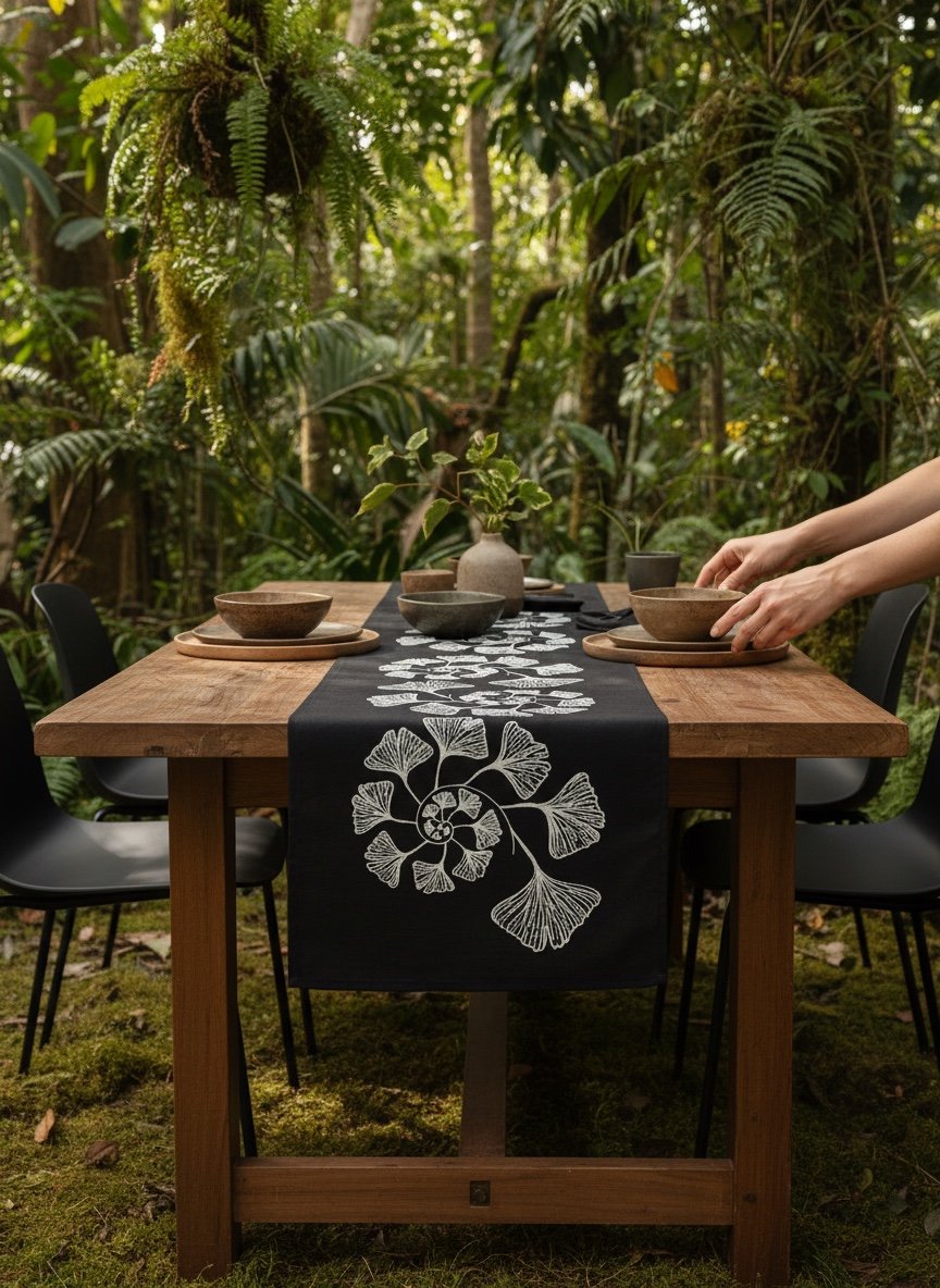 Gingko Black Linen Tablerunner