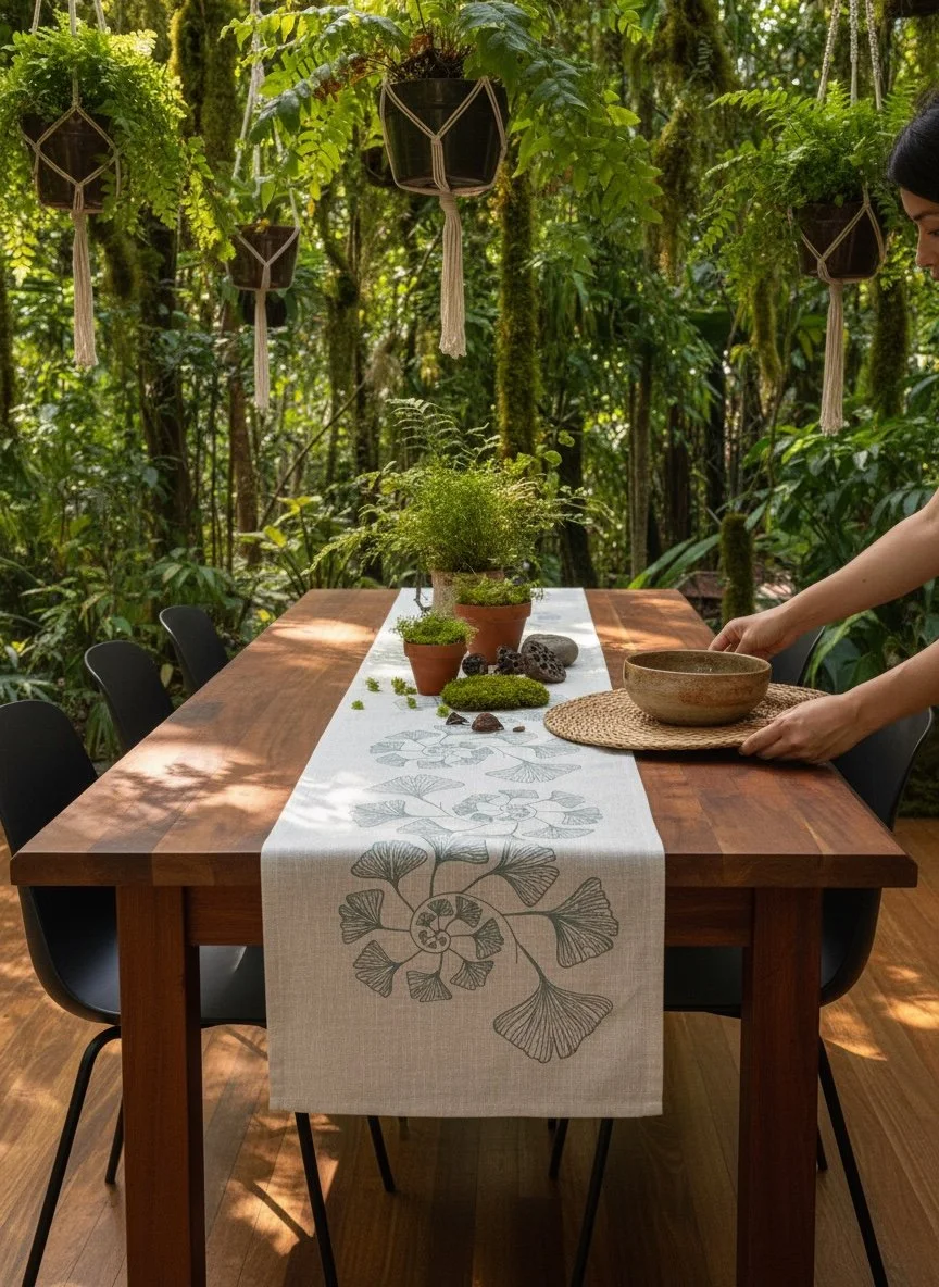 Gingko Oatmeal Linen Tablerunner