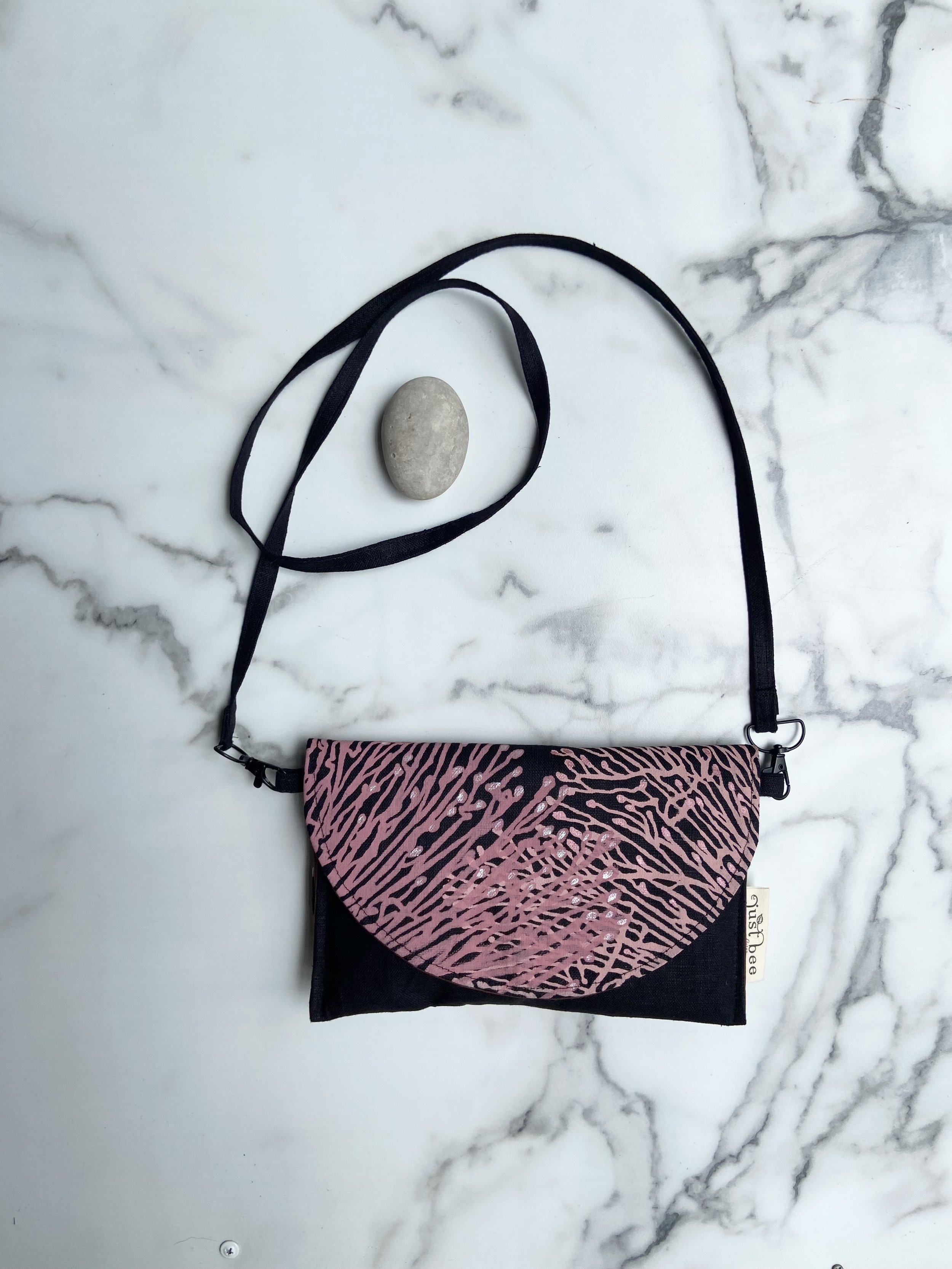 Art Clutch – Linen Crossbody – Great Barrier Reef Coral Print A on Black Linen with Rose Gold & Silver Tips