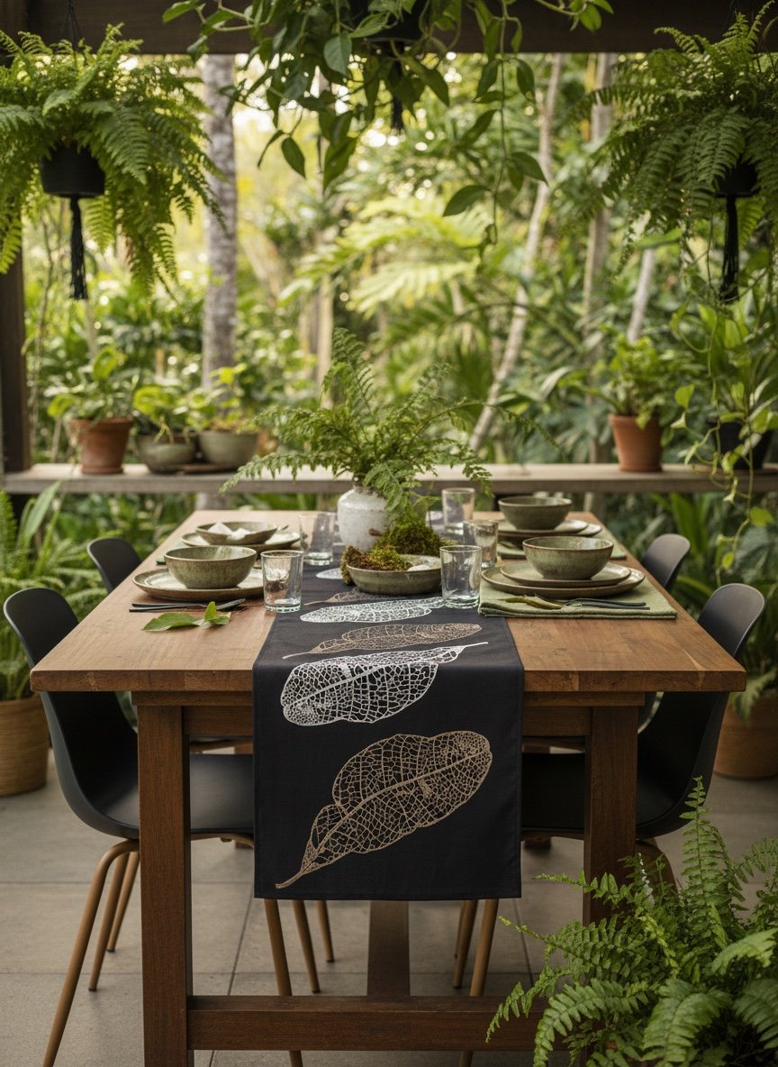 Rainforest Leaf Black Linen Tablerunner