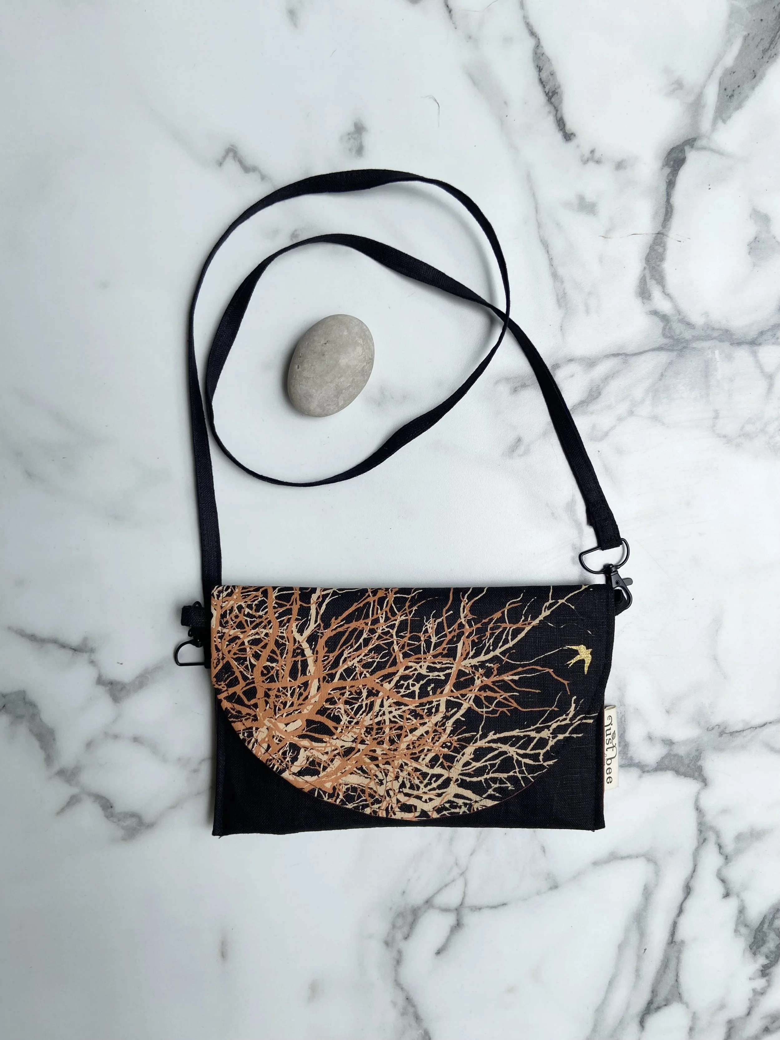 Art Clutch – Linen Crossbody – Tree Branch Print B on Black Linen with Metallic Gold Bird & Quote, Earth Red Ochre Lining