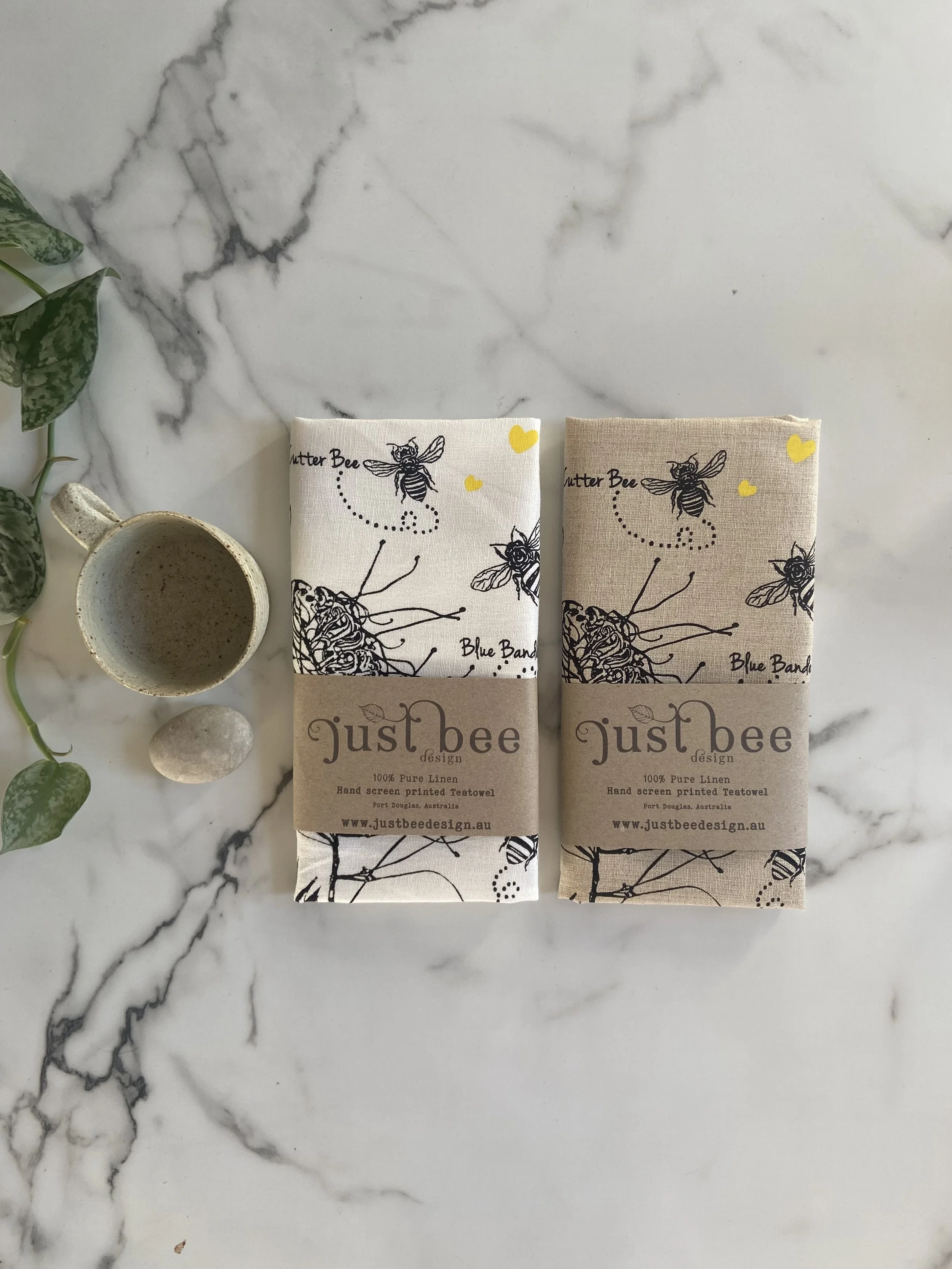Native Bee Linen Tea Towel – Handmade Australian Eco Gift | White or Flax Linen Black & Yellow