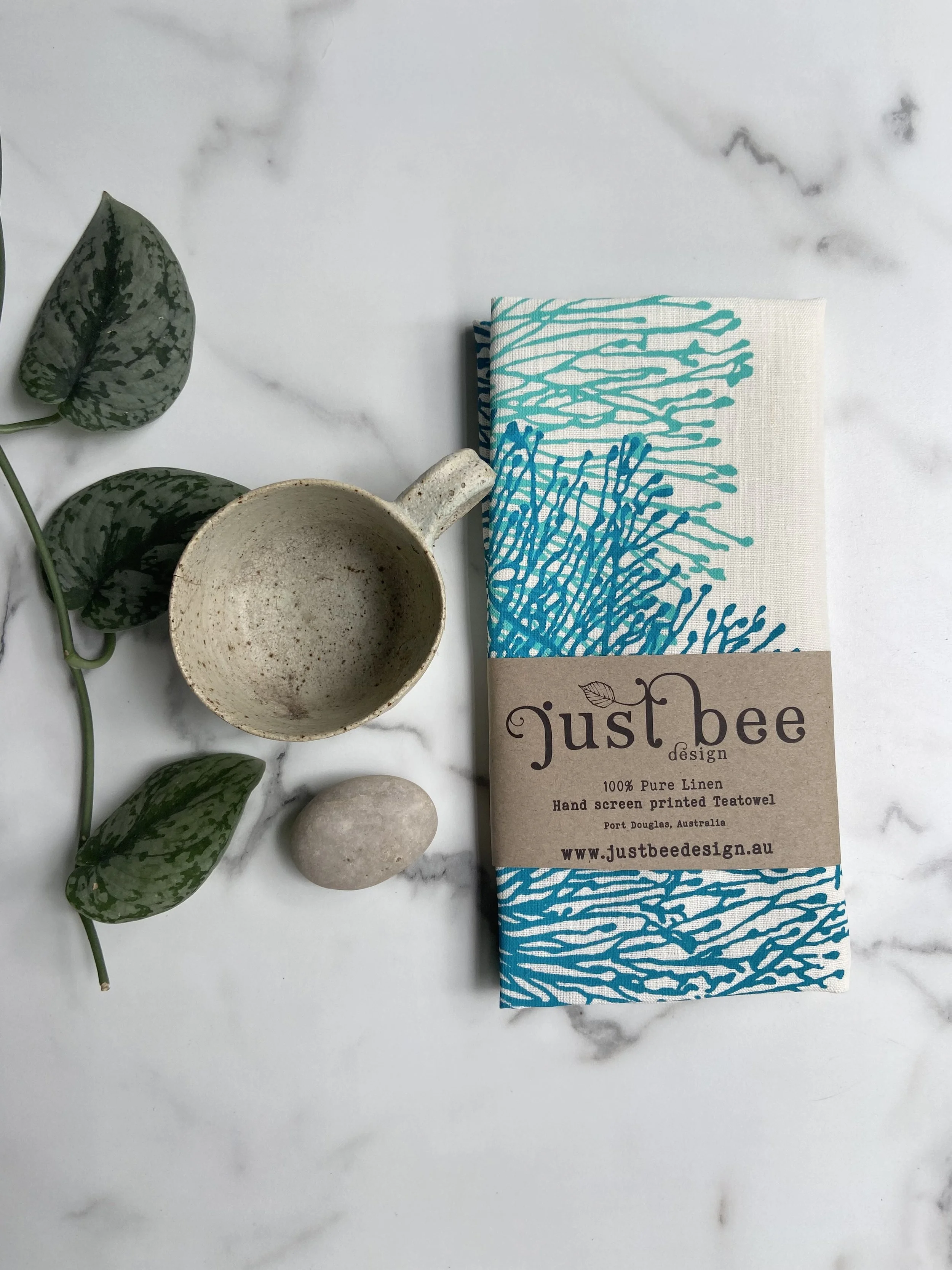 Great Barrier Reef Linen Tea Towel – Aquarmarine & Reef Blue on White Linen