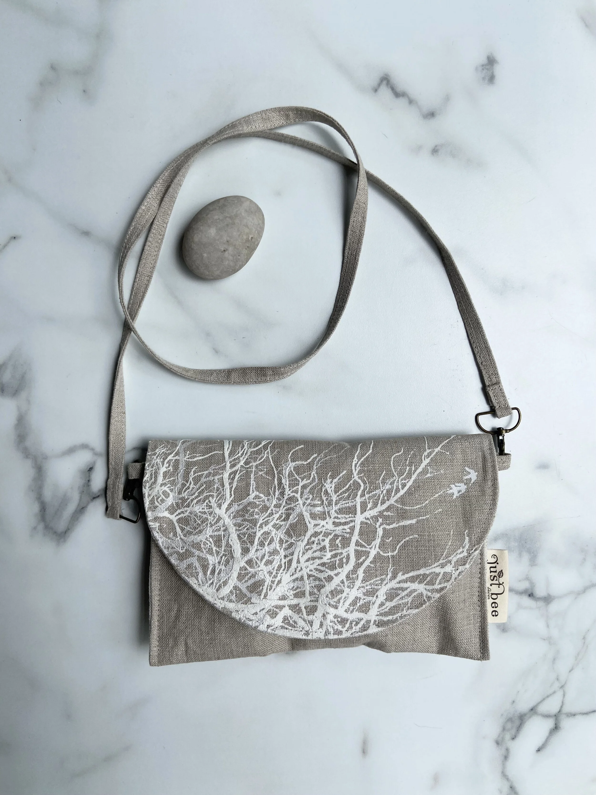 Art Clutch – Linen Crossbody – Textured Tree Branch Print A on Flax Linen with Oatmeal Lining