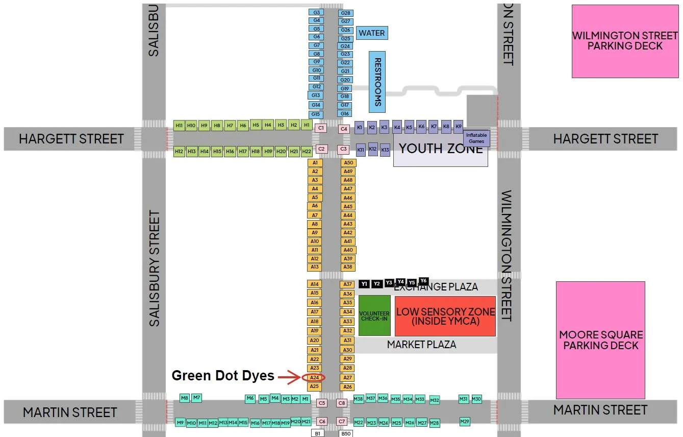 Map showing location of GDD booth, at the intersection of Fayetteville St. and Martin St.