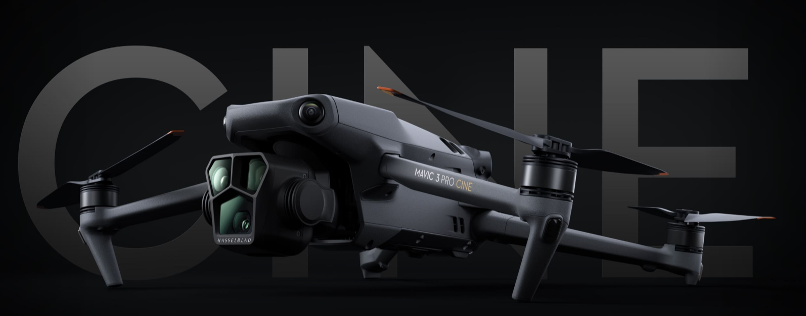 A black drone with multiple cameras and propellers, labeled 'MAVIC 3 PRO CINE,' against a black background with large gray letters spelling 'ONE' behind it.