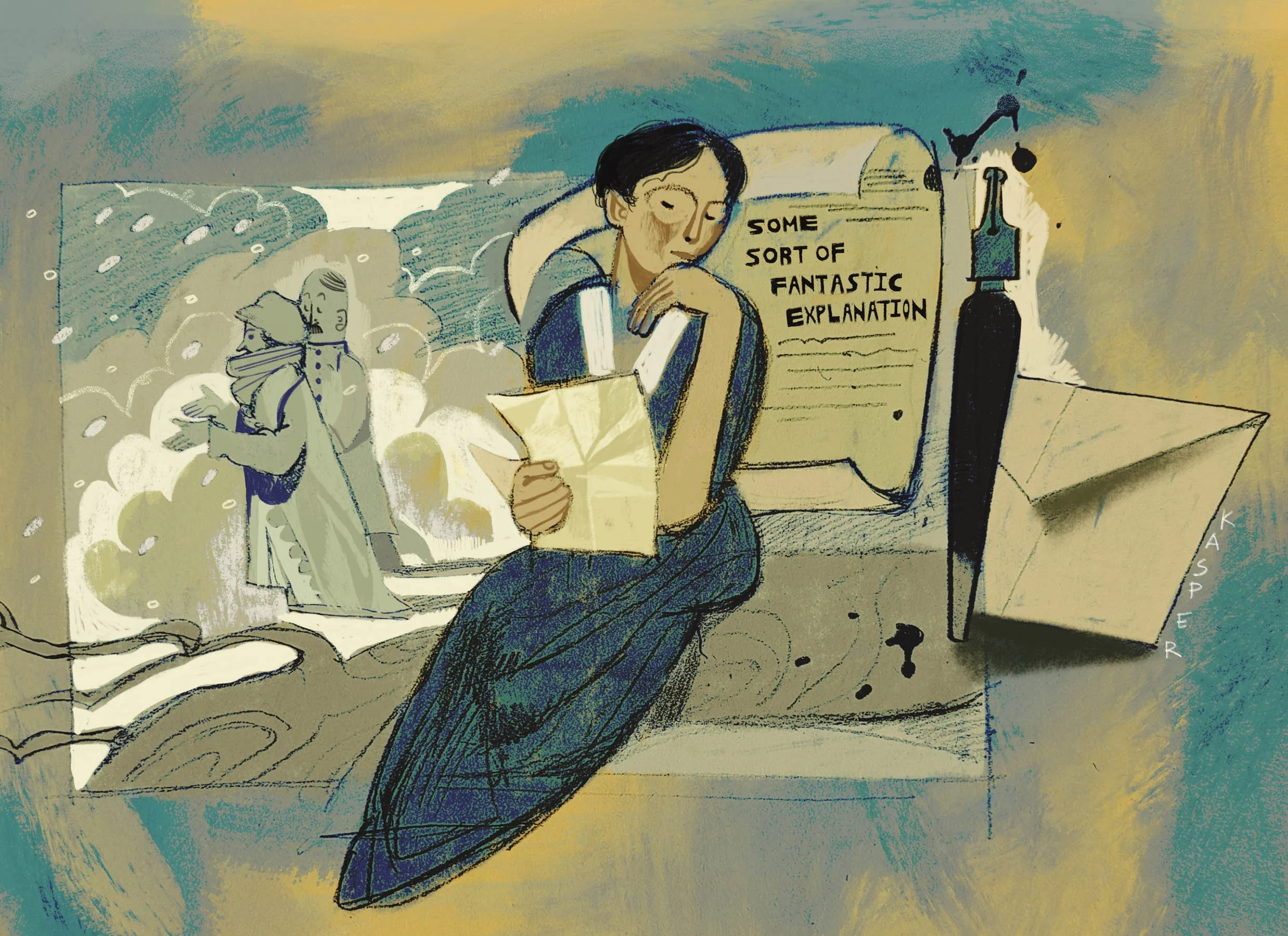 Illustration of Lise Meitner and her nephew Otto Robert Frisch outdoors in winter beside a tree, recalling the moment when they worked out the explanation for nuclear fission; the words “some sort of fantastic explanation” appear in the background.