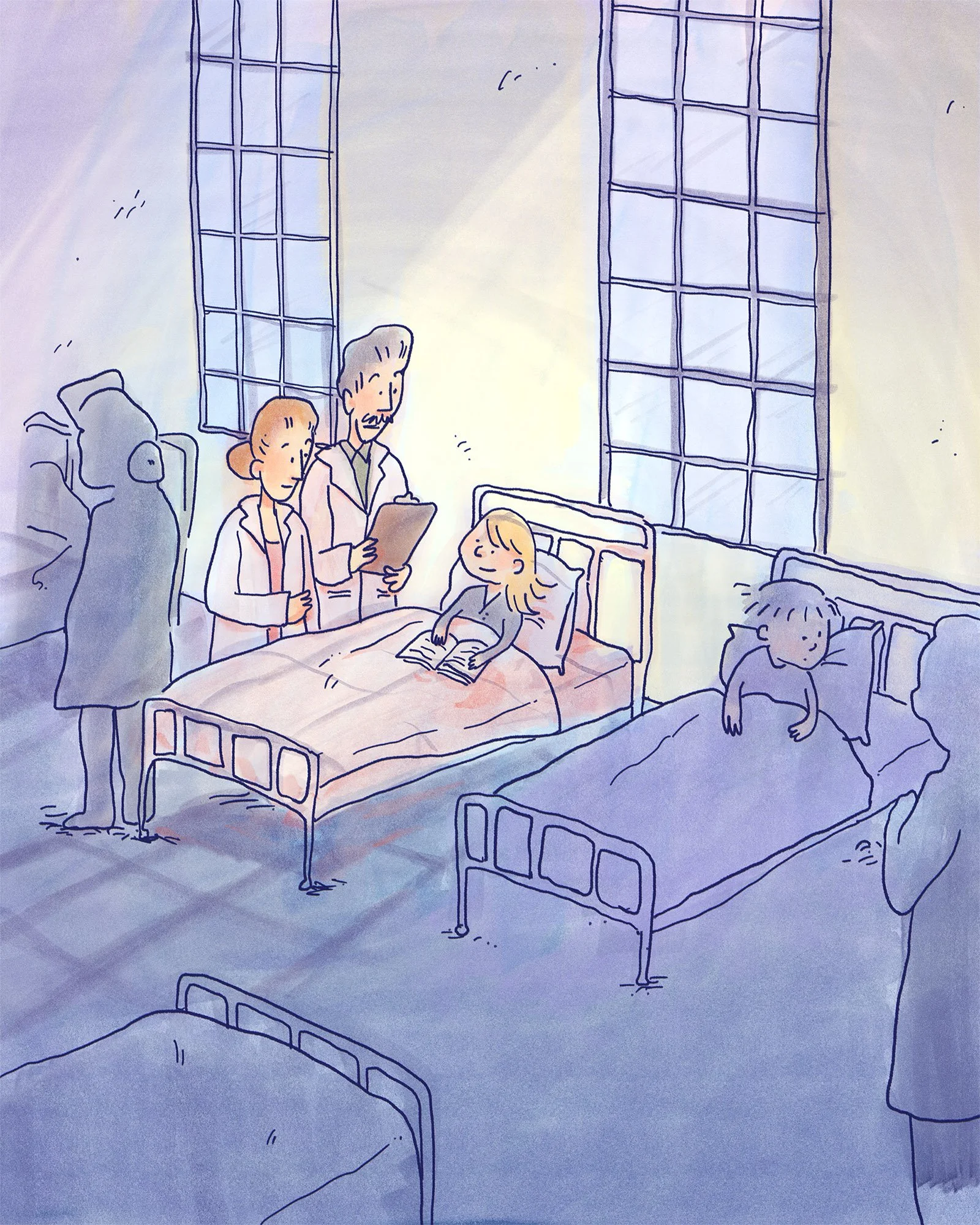 Illustration of Marthe Gautier visiting hospital and research settings, speaking with children and observing clinical work.